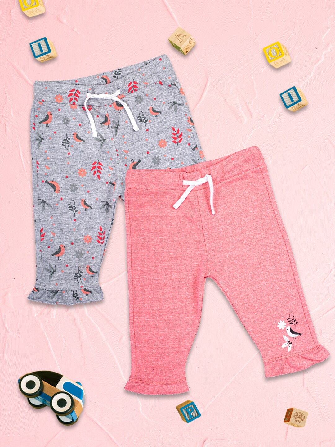 

MeeMee Girls Pack of 2 Printed Cotton Track Pants, Grey