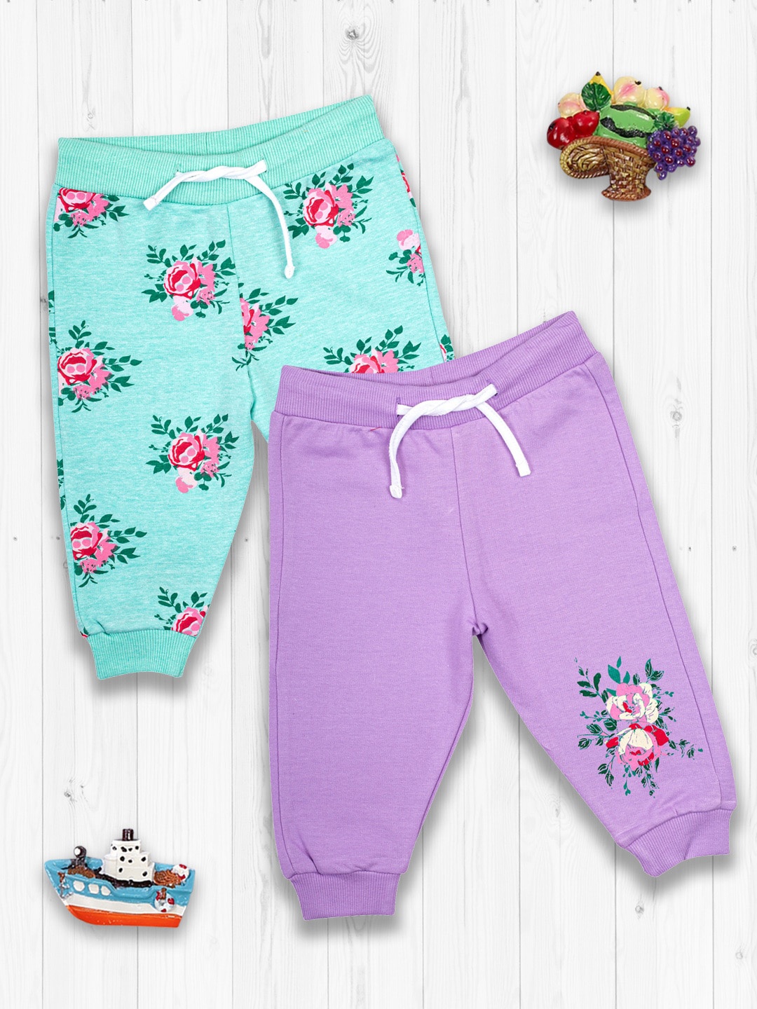 

MeeMee Infant Girls Pack Of 2 Printed Cotton Joggers, Sea green