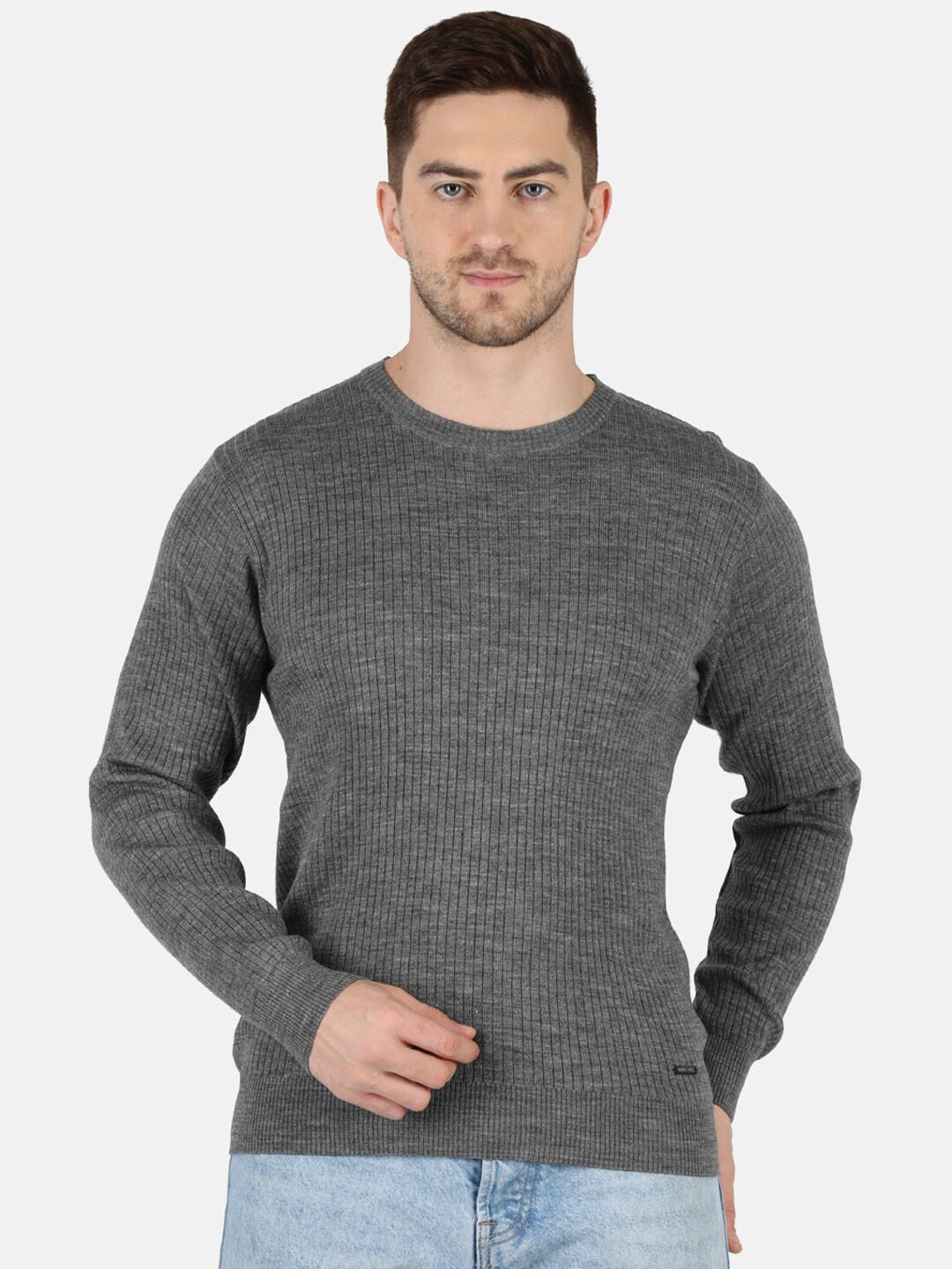 

Monte Carlo Men Woollen Grey Melange Ribbed Pullover
