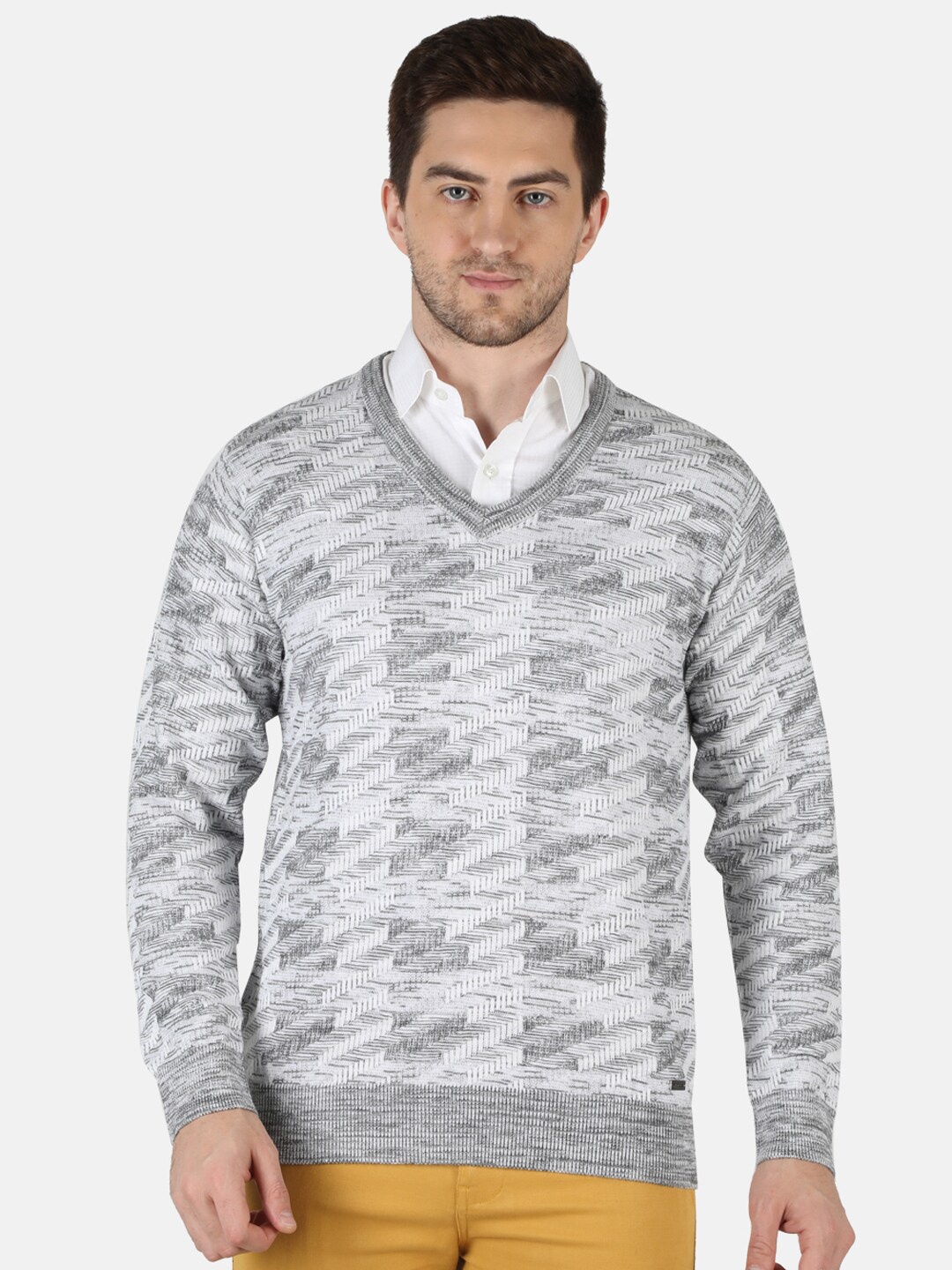 

Monte Carlo Men Grey & White Abstract Printed Pullover