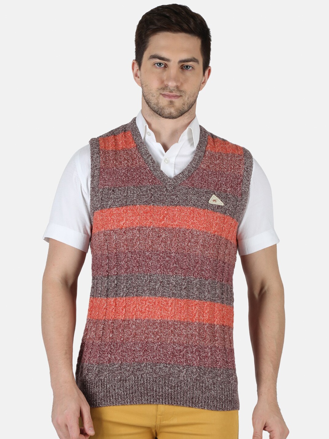 

Monte Carlo Men Orange & Maroon Striped Sweater Vest