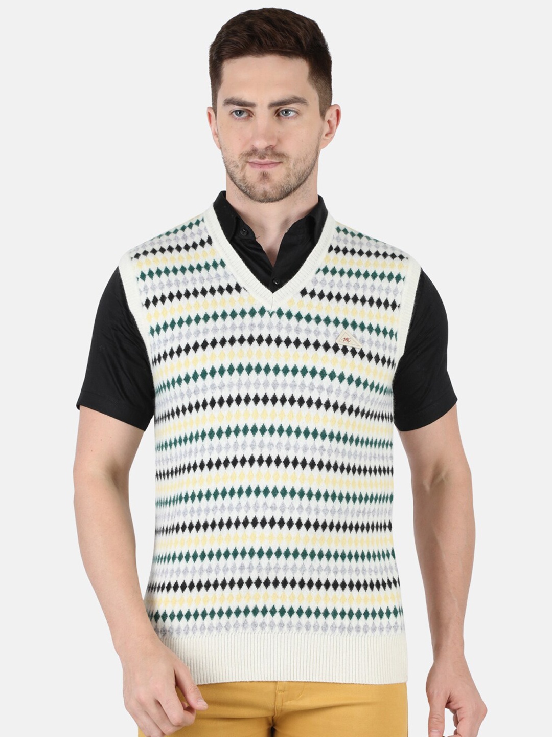 

Monte Carlo Men Off White & Yellow Printed Sweater Vest