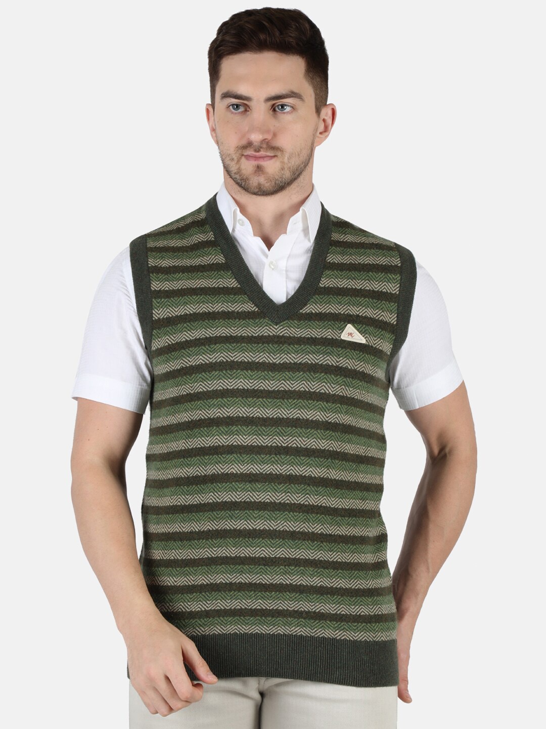 

Monte Carlo Men Green & Beige Striped Sweater Vest