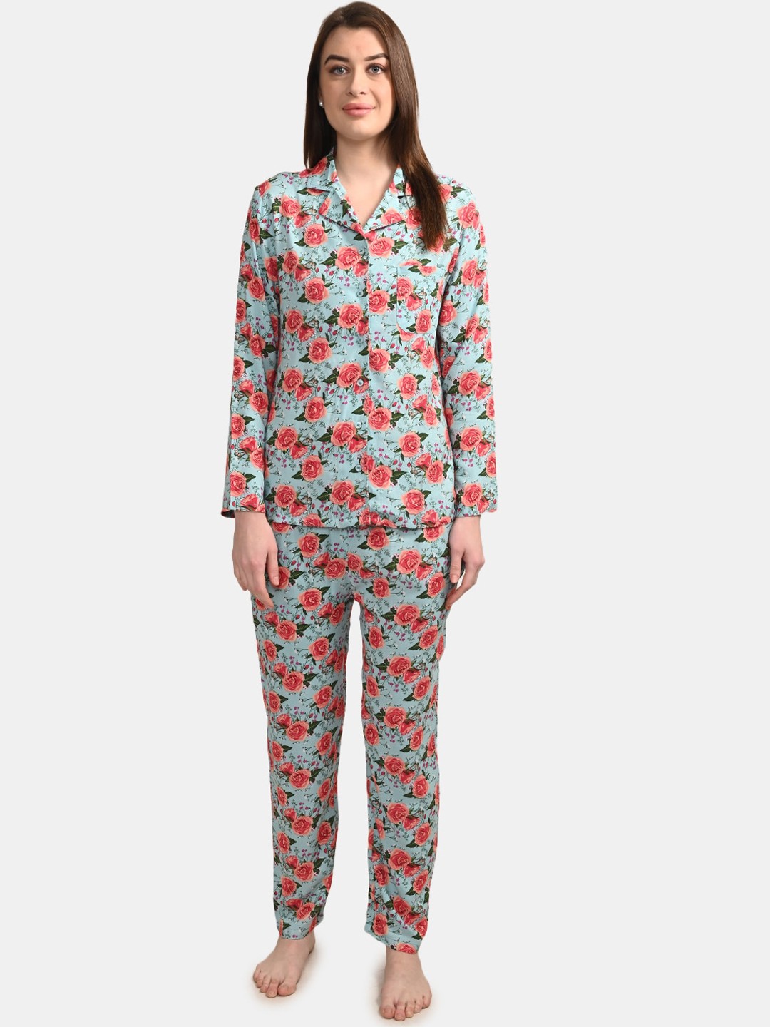 

BuckleUp Women Blue & Red Floral Printed Night suit