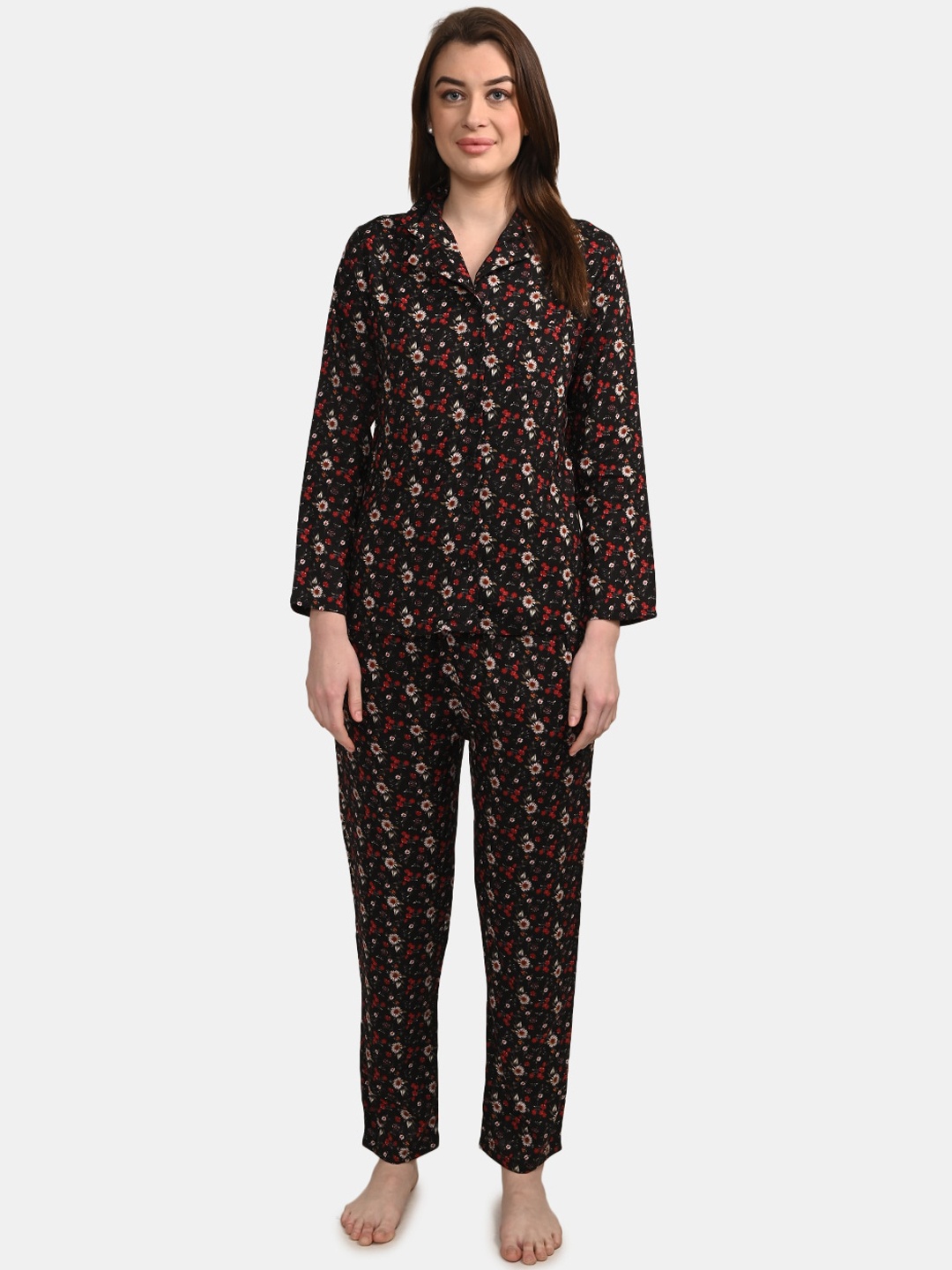 

BuckleUp Women Black & Red Printed Night suit