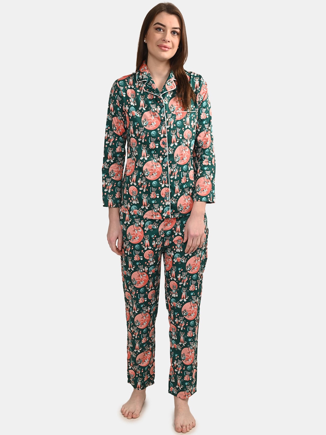 

BuckleUp Women Green & Pink Cartoon Characters Printed Night suit