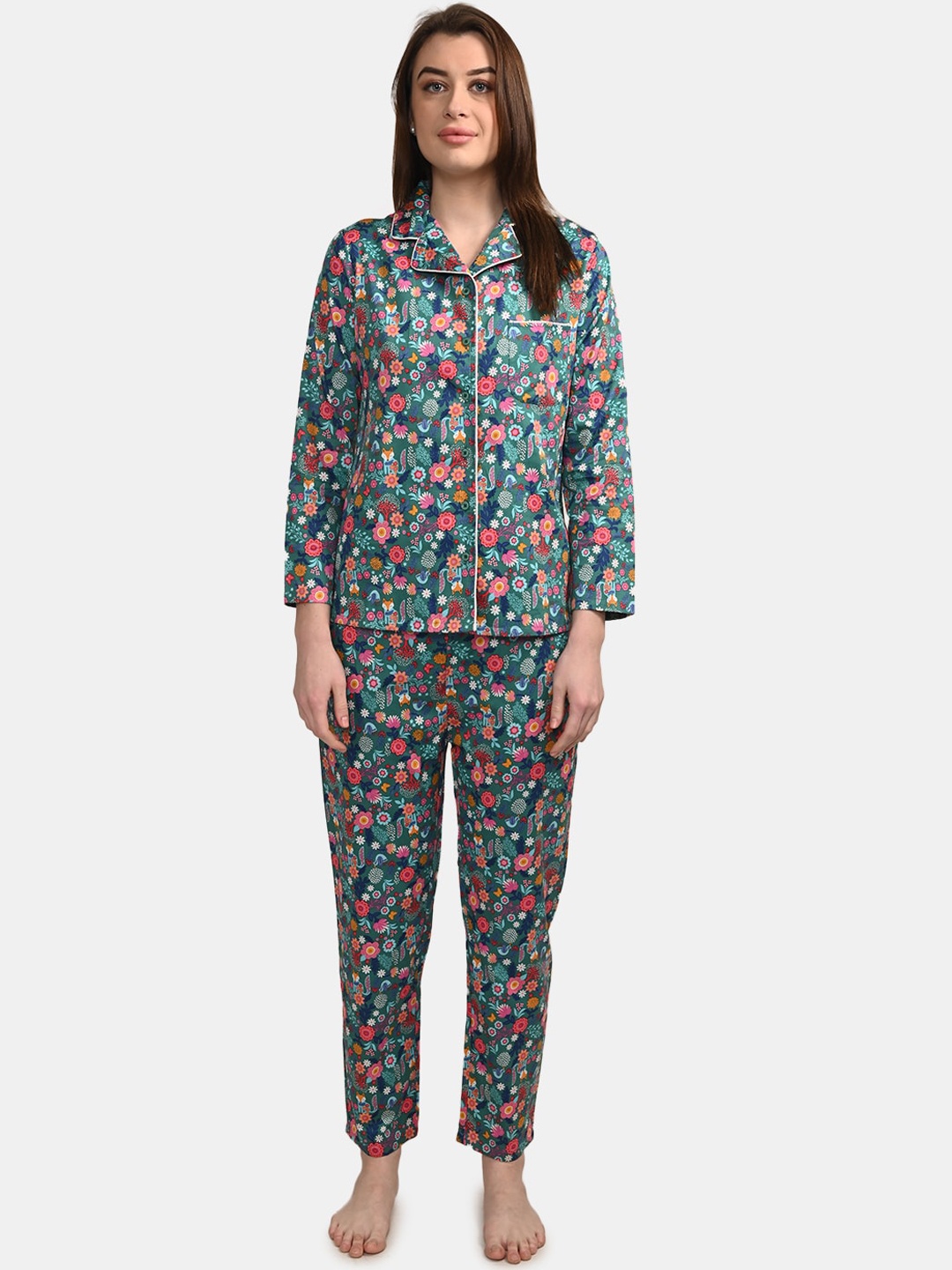 

BuckleUp Women Green & Multicoloured Printed Night Suit
