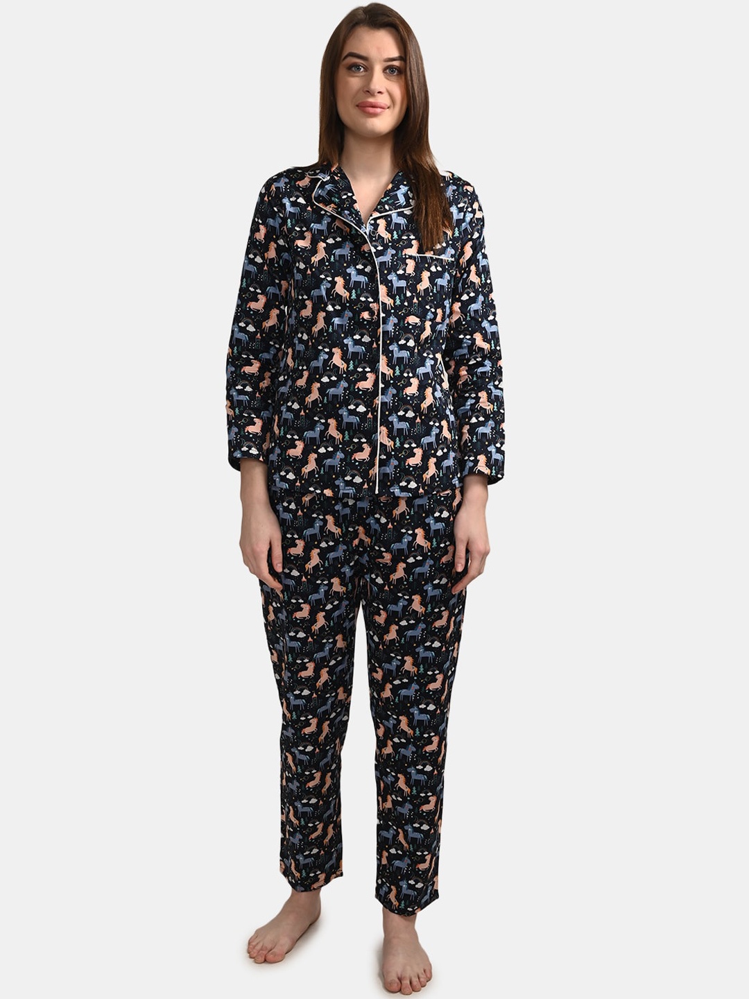 

BuckleUp Women Navy Blue & Peach-Coloured Printed Night suit