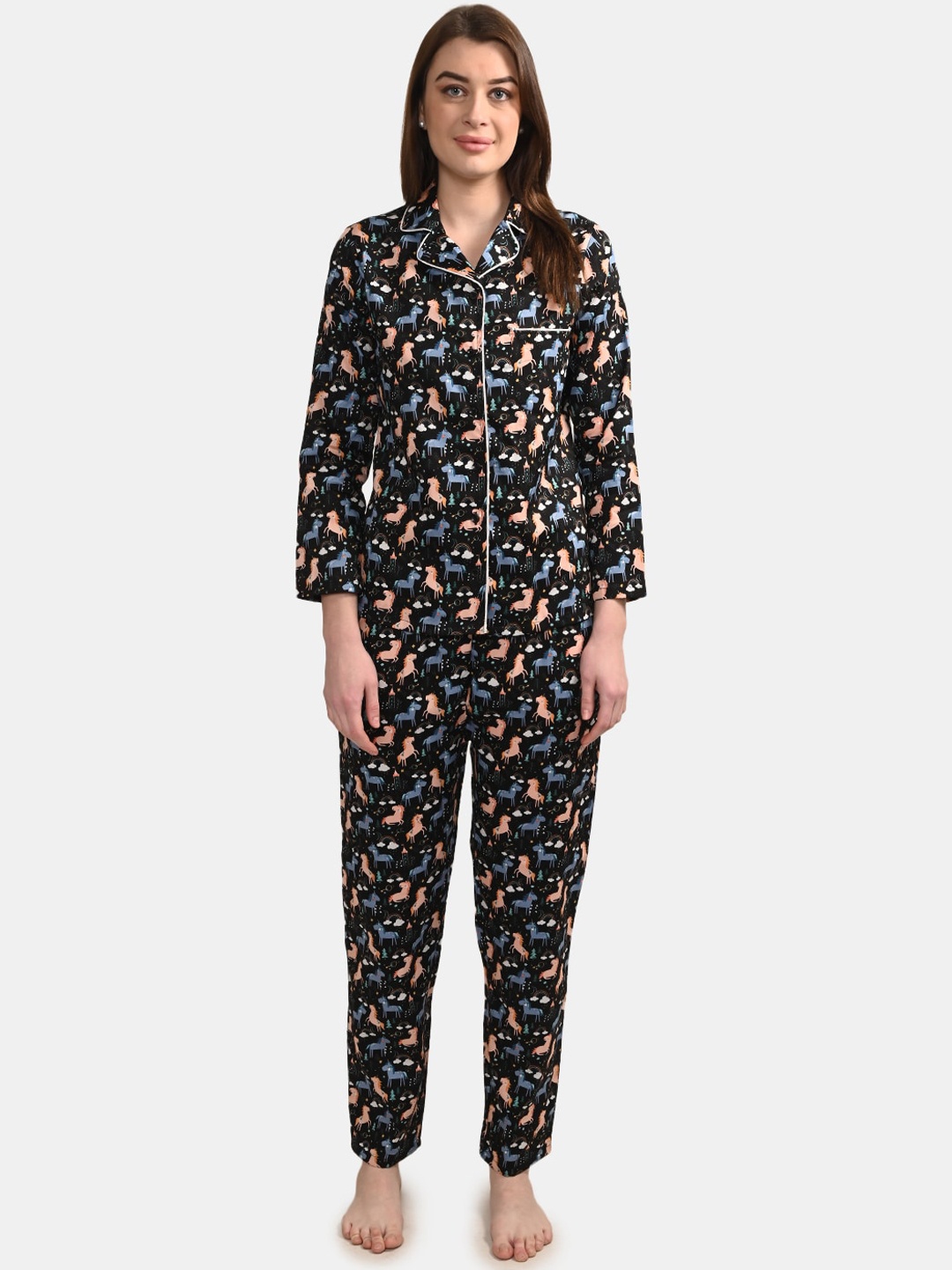 

BuckleUp Women Black Printed Night suit