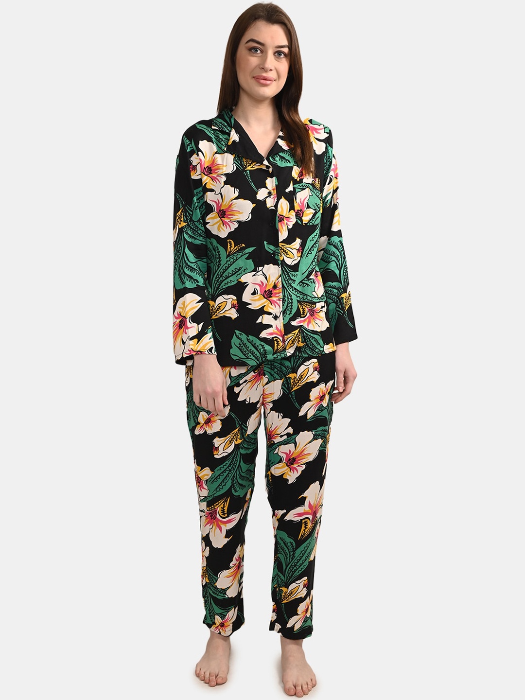 

BuckleUp Women Black & Yellow Printed Night Suit