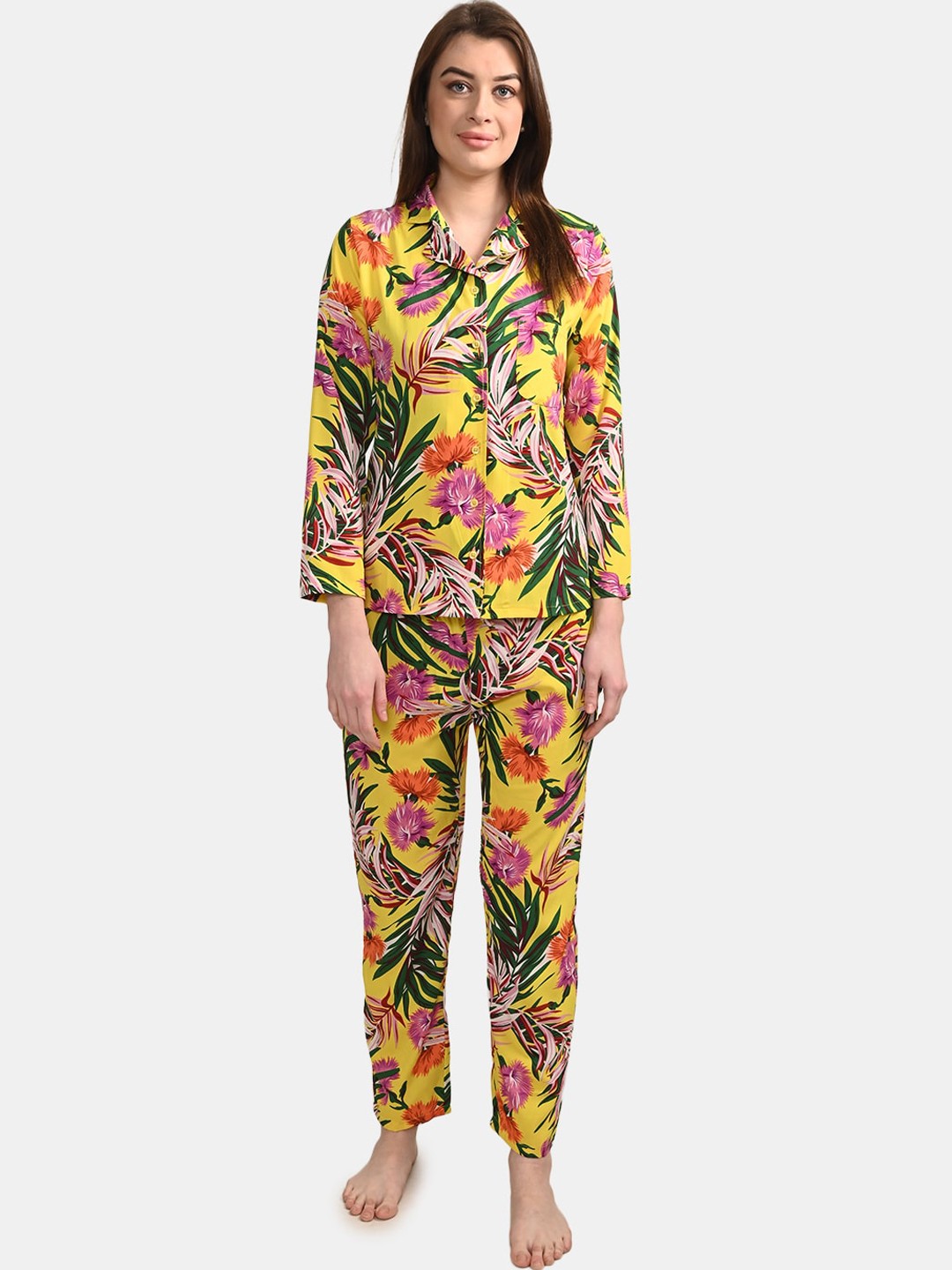 

BuckleUp Women Yellow & Green Printed Tropical Night suit