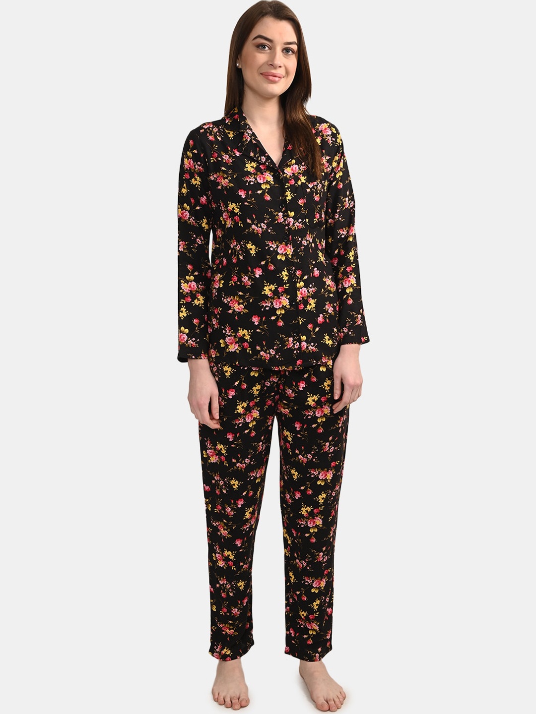 

BuckleUp Women Black & Yellow Printed Night Suit