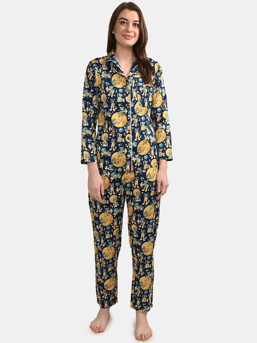 

BuckleUp Women Navy Blue & Yellow Printed Night Suit