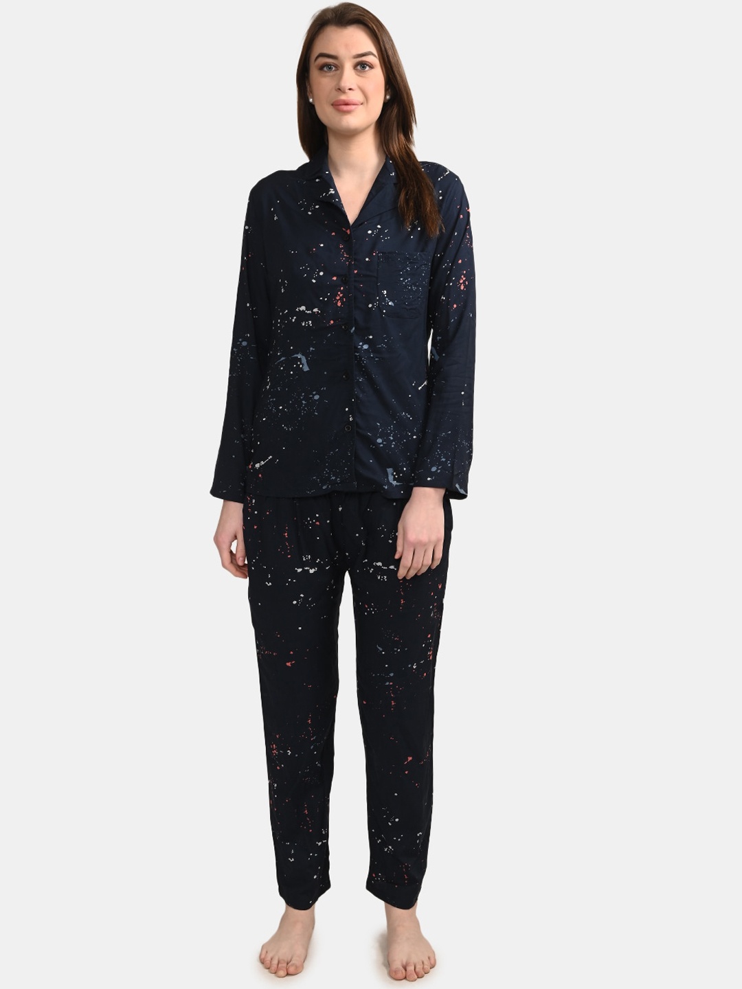 

BuckleUp Women Navy Blue & White Printed Night suit