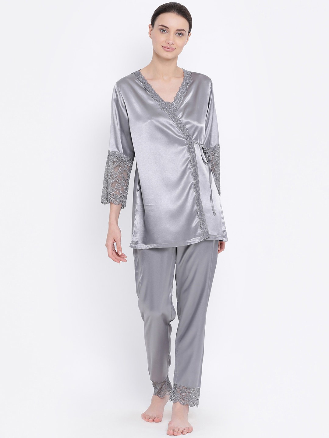

Kanvin Women Grey Satin Lace Night suit