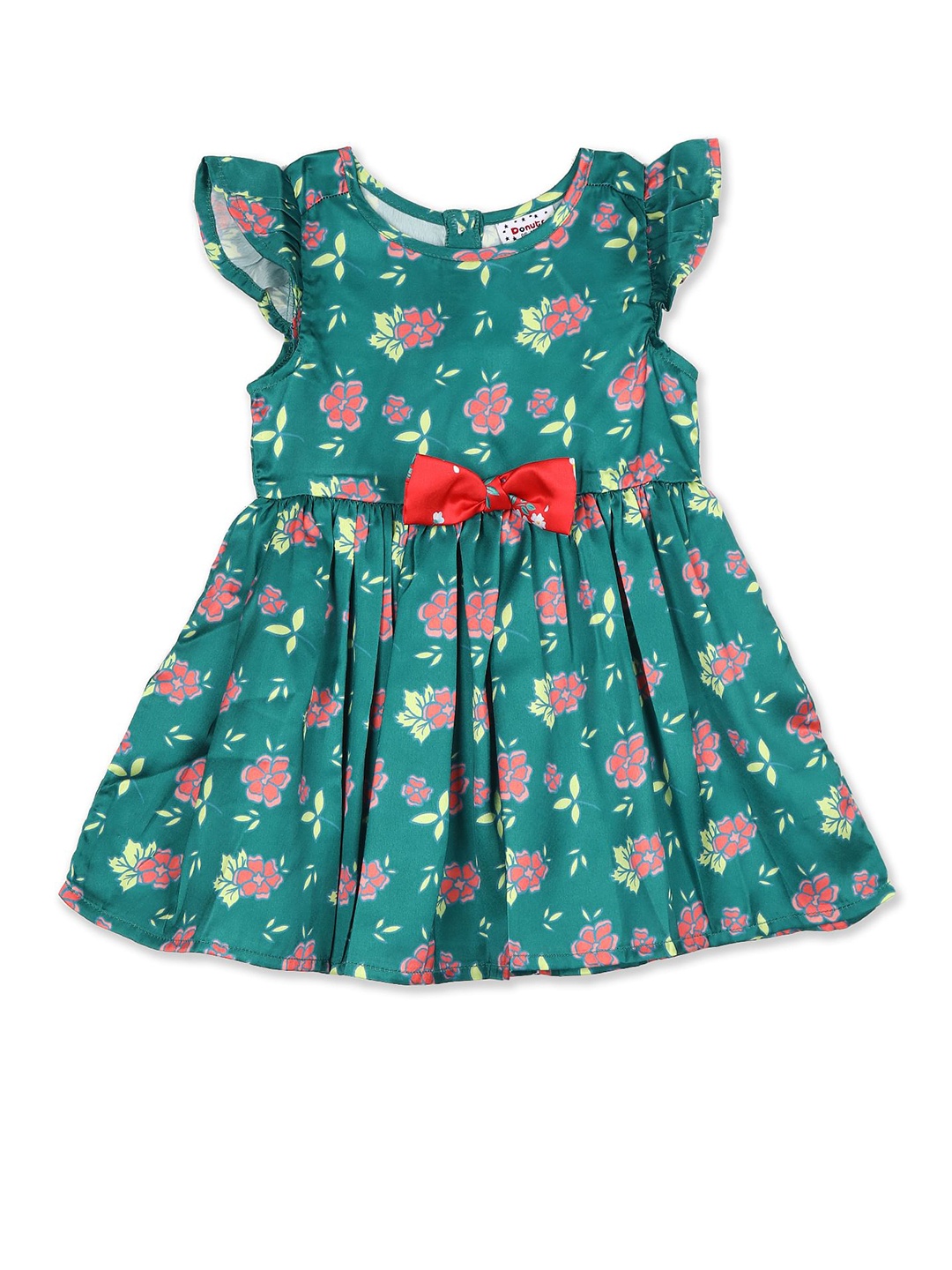 

Donuts Green Floral Printed Cotton Fit & Flare Dress With Bow