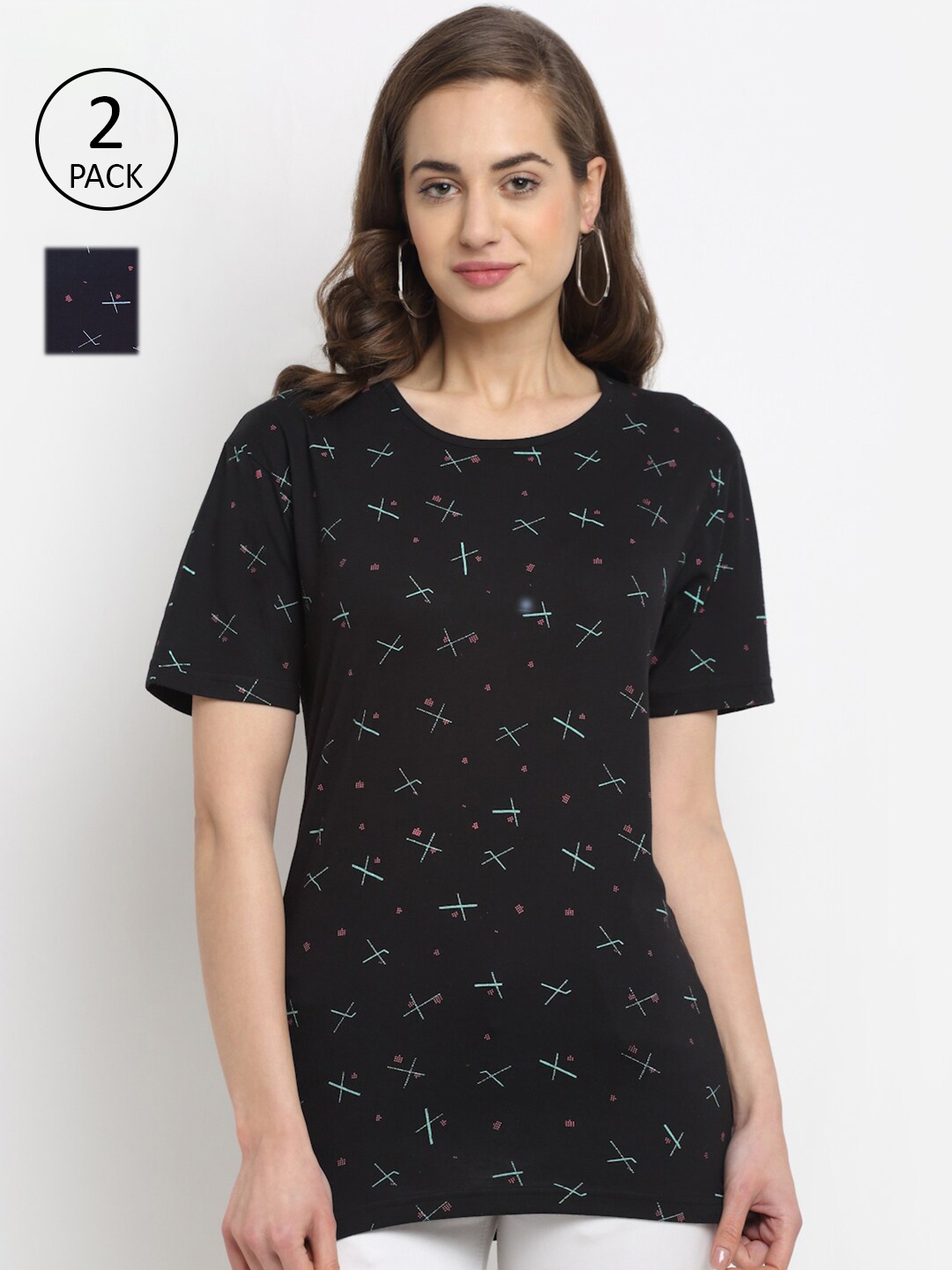 

VIMAL JONNEY Women Pack of 2 Black & Navy Blue Printed T-shirt