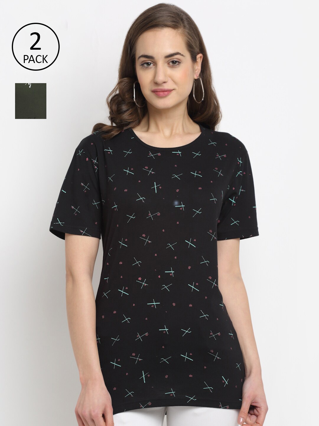

MACK JONNEY Women Black & Green 2 Printed T-shirt
