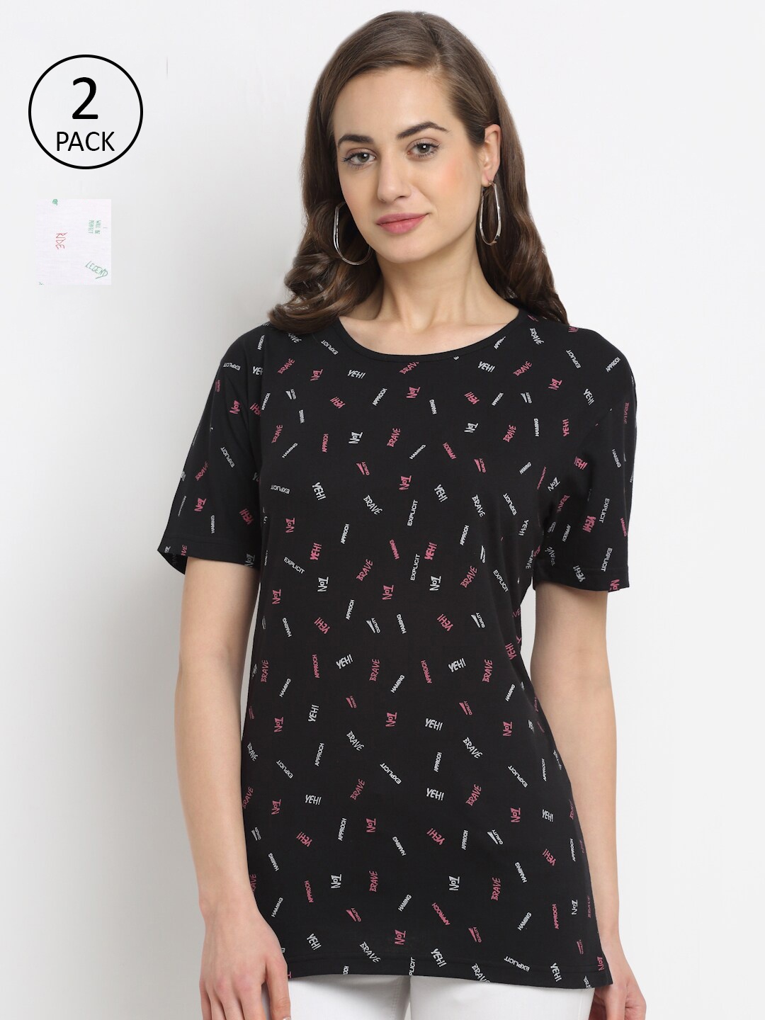 

VIMAL JONNEY Women Pack of 2 Printed T-shirt, Black