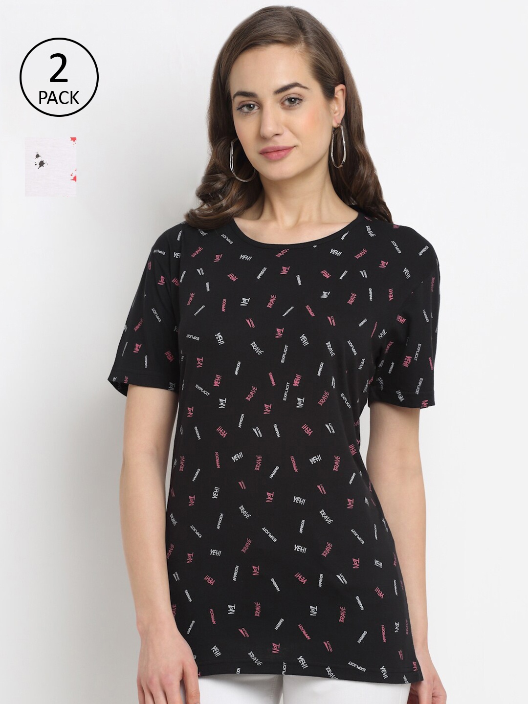 

MACK JONNEY Women Pack Of 2 Printed T-shirt, Black