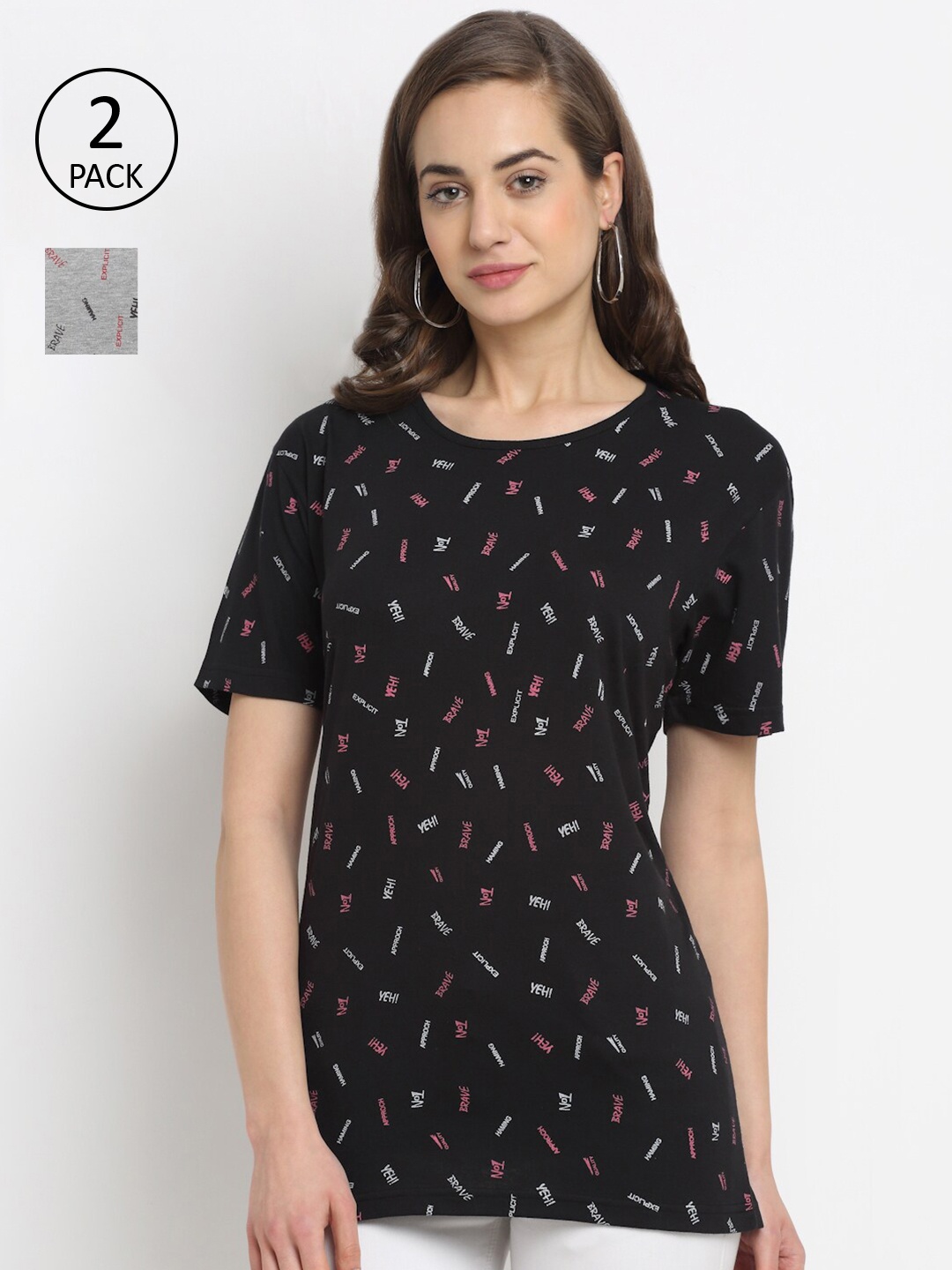 

MACK JONNEY Women Black & Grey Pack of 2 Printed Cotton T-shirt