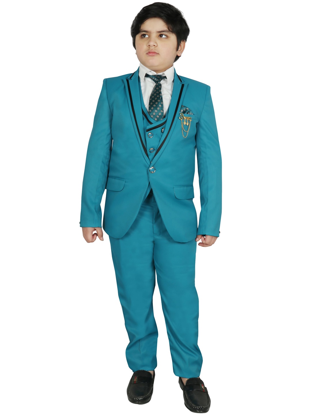 

SG YUVRAJ Boys Turquoise Blue Solid Regular Fit Party Suit- 4 Pieces