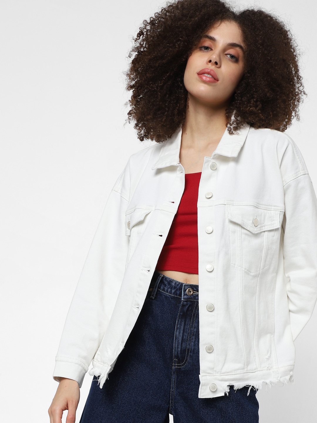 

ONLY Women White Cotton Denim Jacket