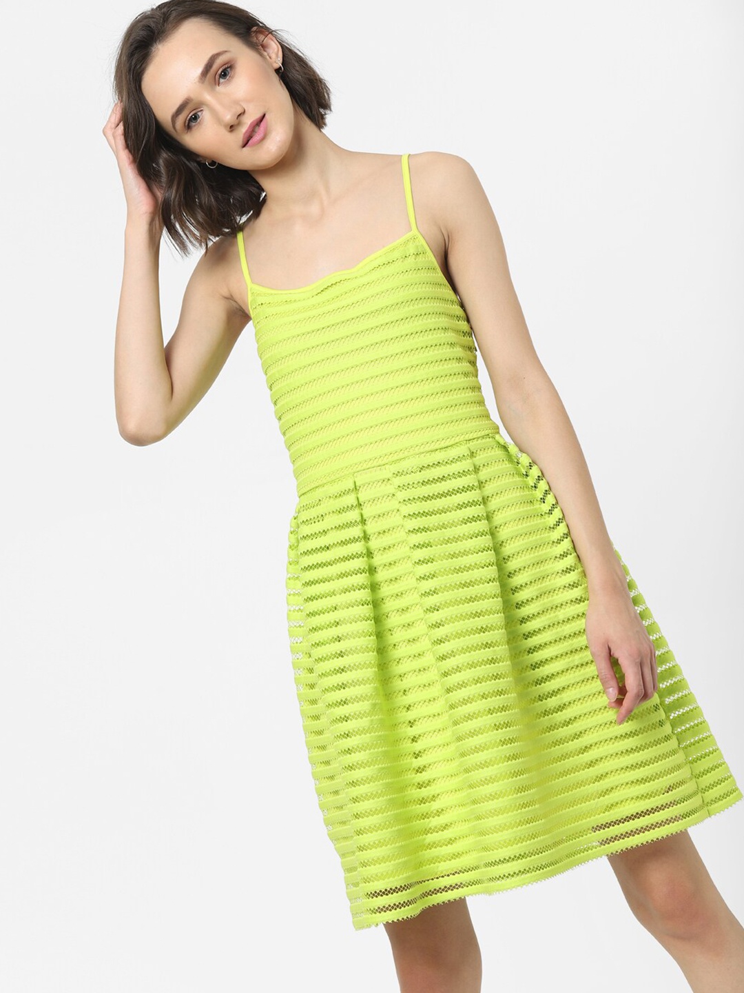 

ONLY Green Self Design Striped Dress