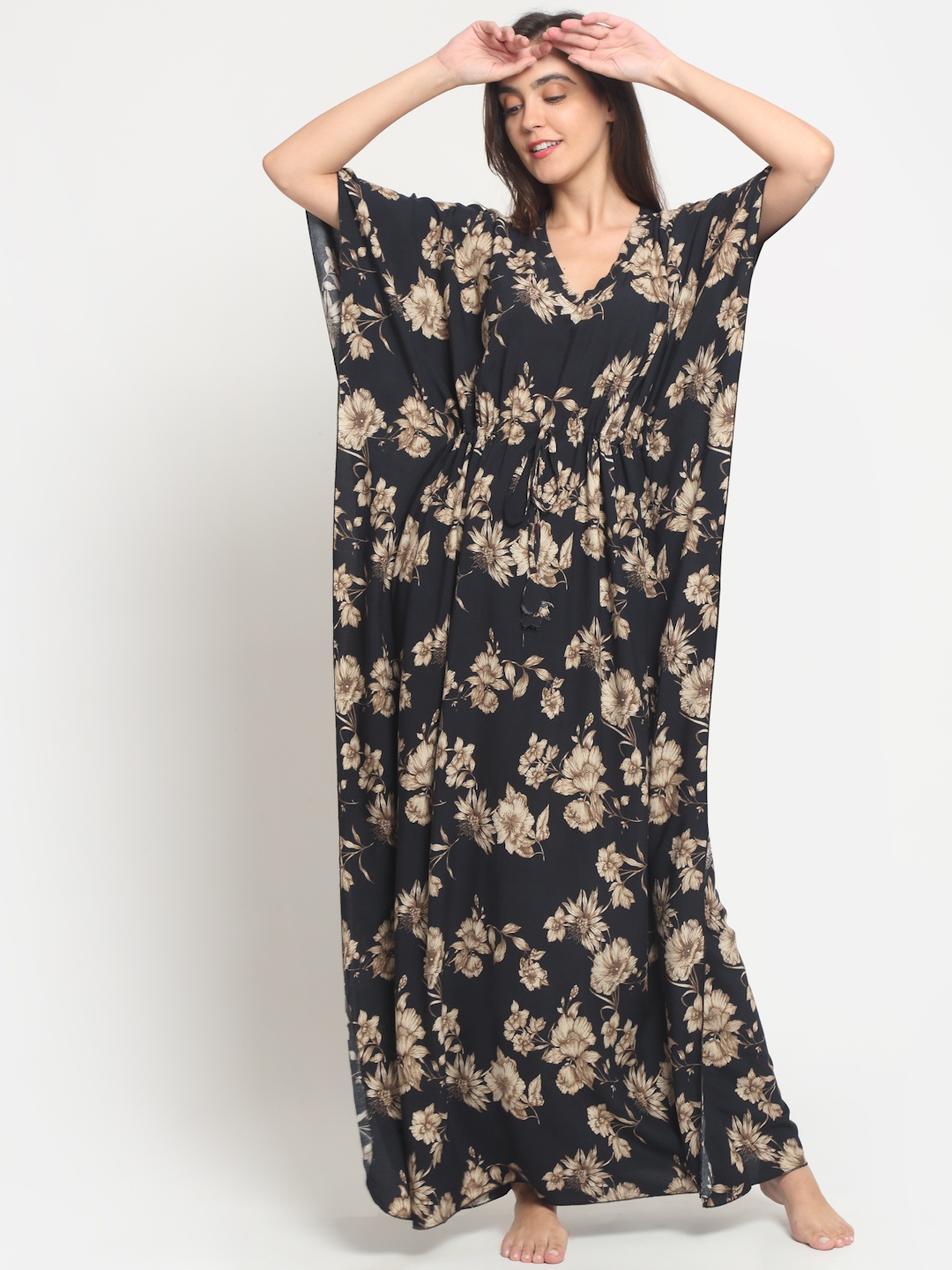 

Claura Women Black Printed Kaftan Maxi Nightdress
