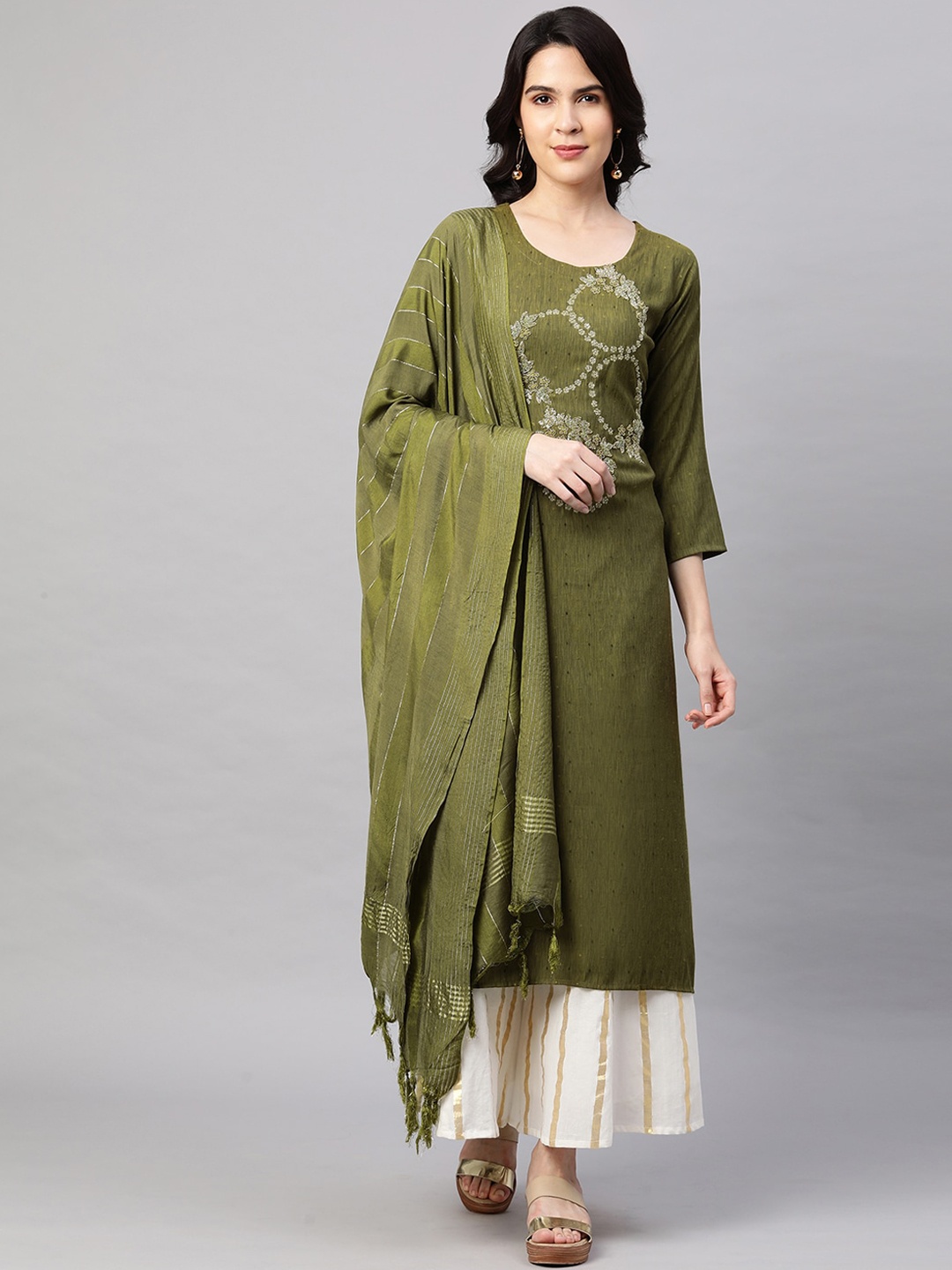

FASHOR Women Olive Green Embroidered Dobby Kurta with Dupatta