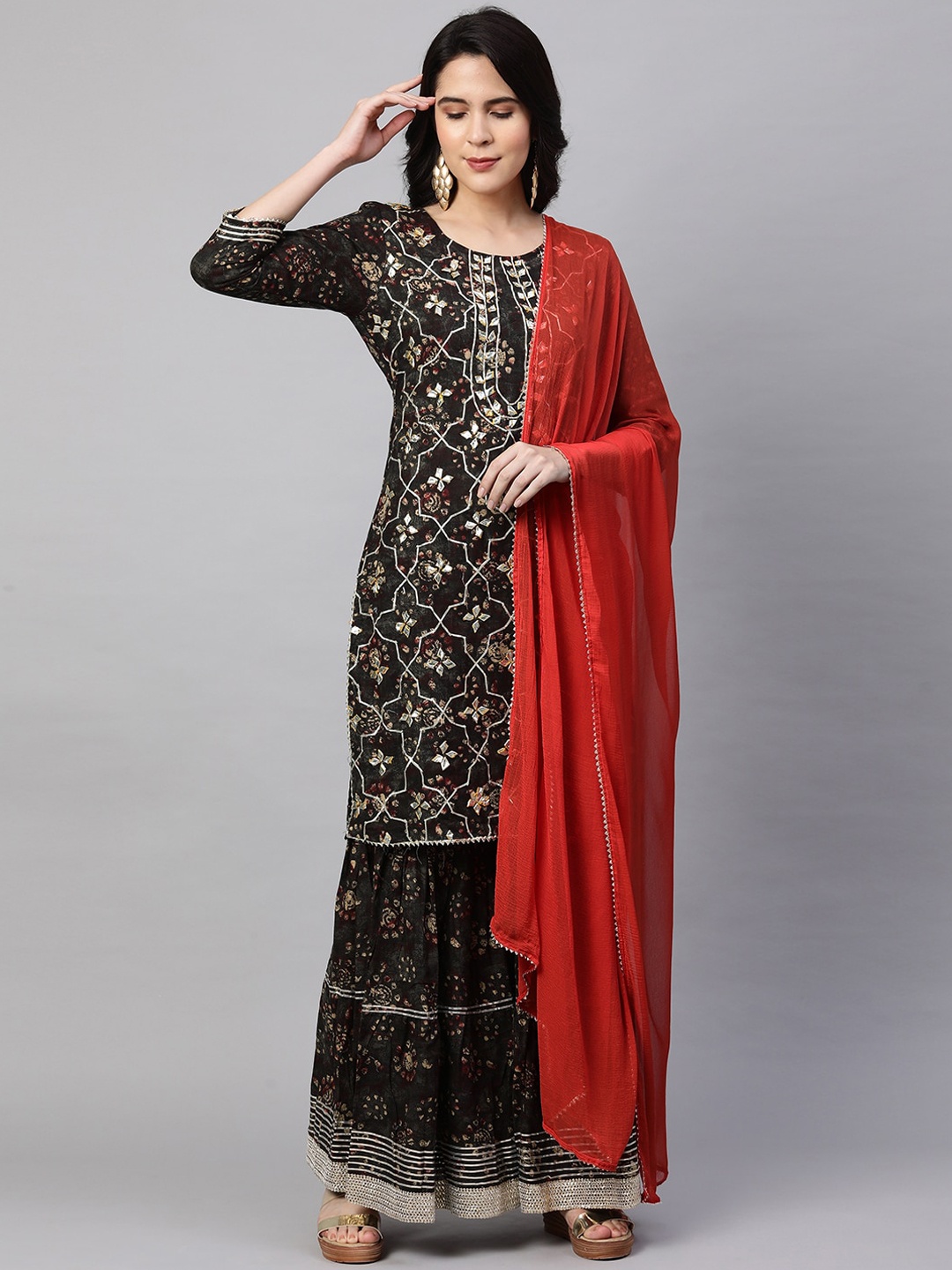 

FASHOR Women Black Embroidered Kurta with Sharara & With Dupatta