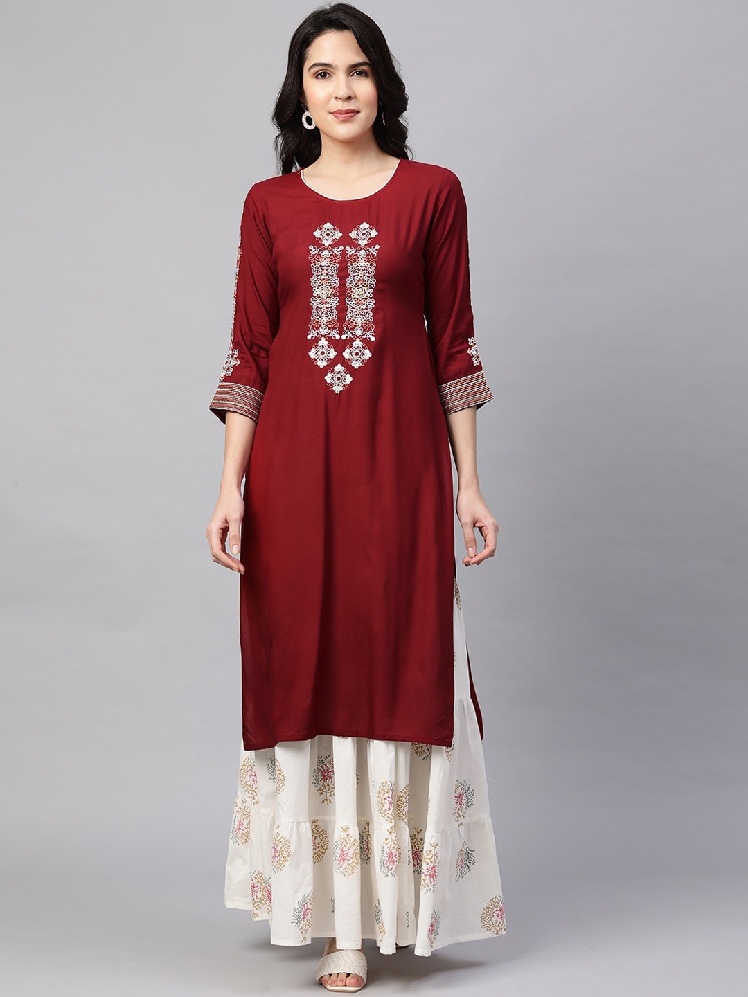 

FASHOR Women Maroon Embroidered Ethnic Motifs Yoke Design Thread Work Kurta with Contrast Skirt