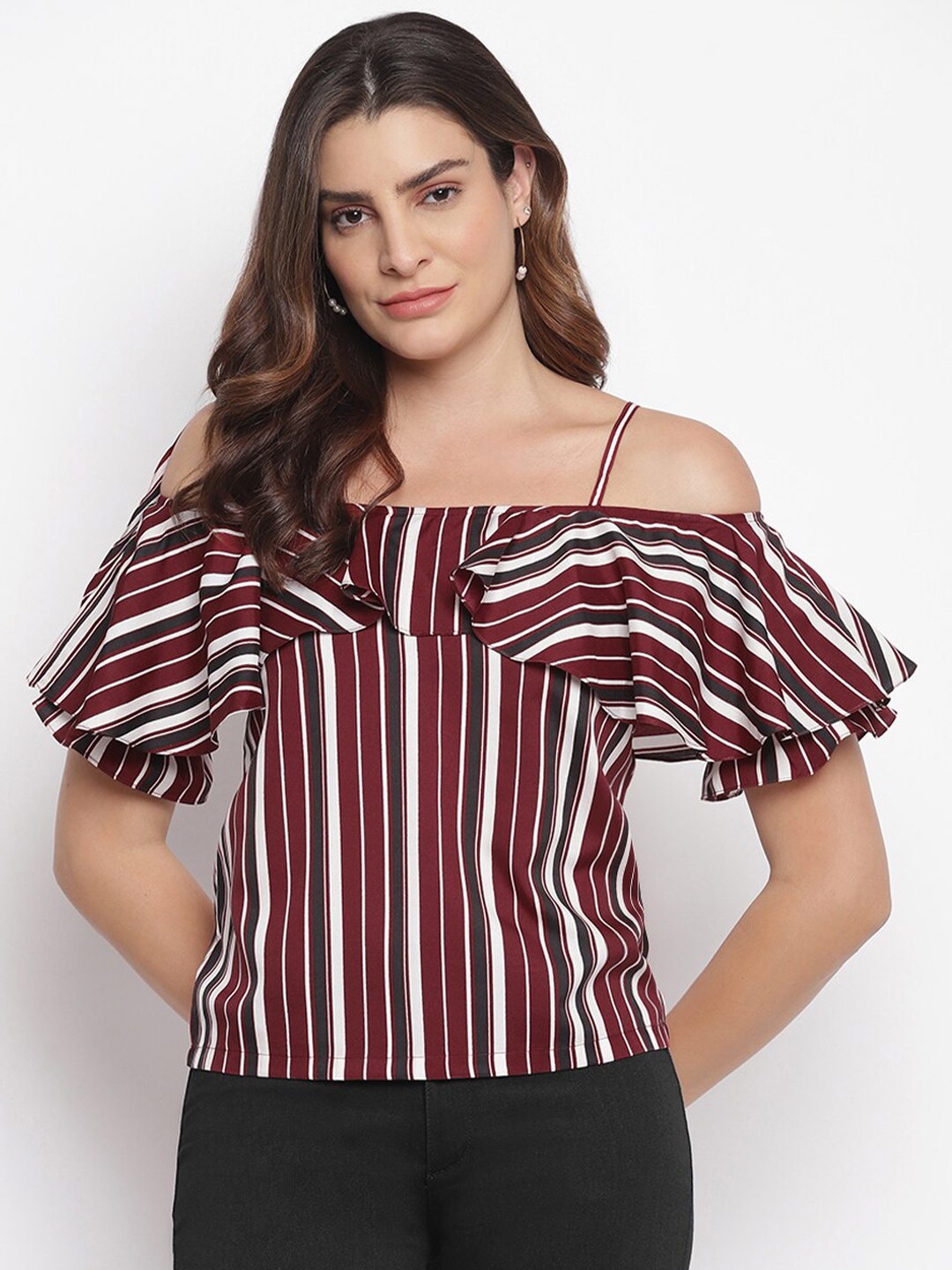 

Lagashi Maroon & White Striped Ruffles Crepe Bardot Top