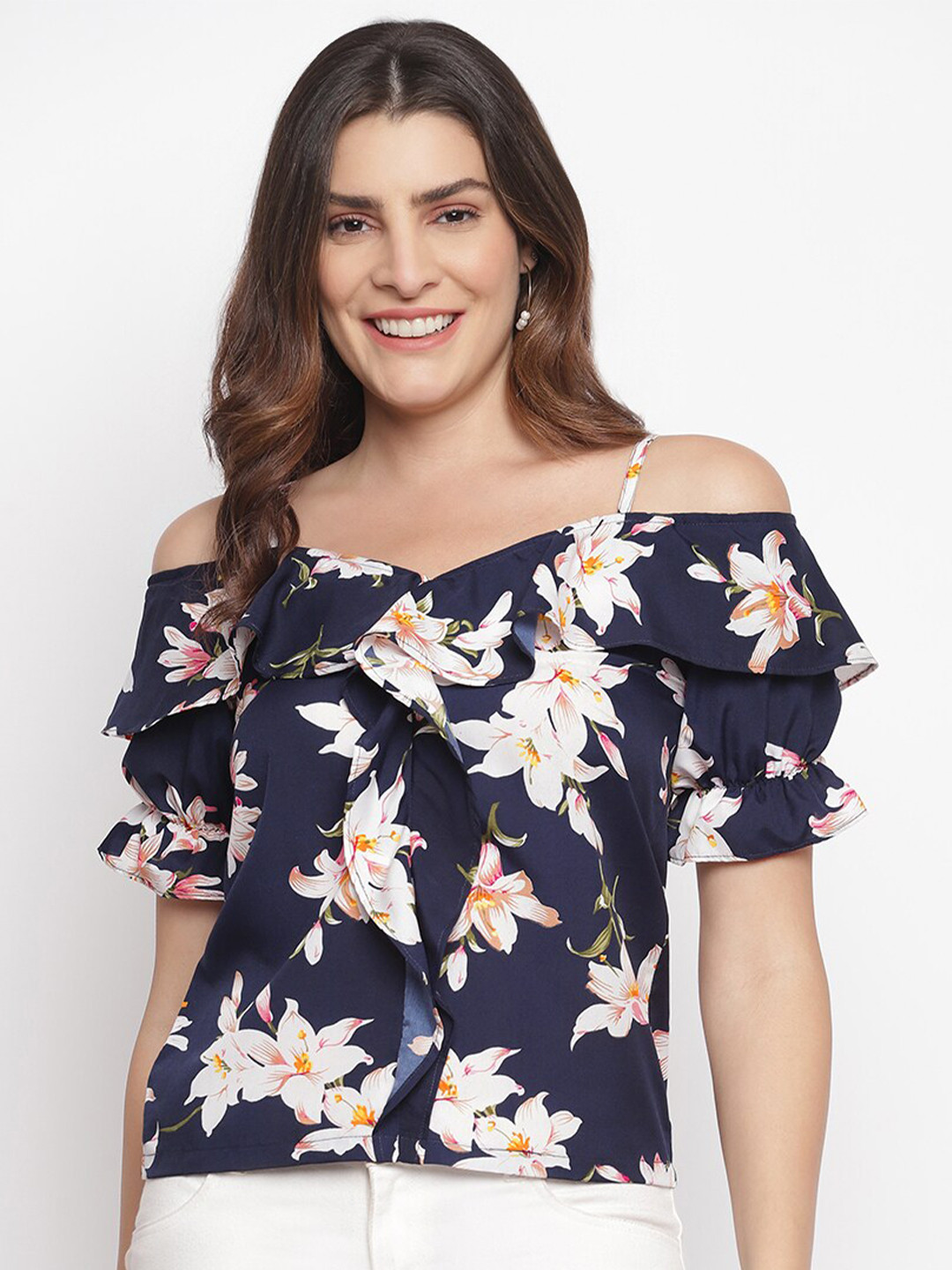 

Lagashi Navy Blue & White Floral Print Ruffles Crepe Bardot Top