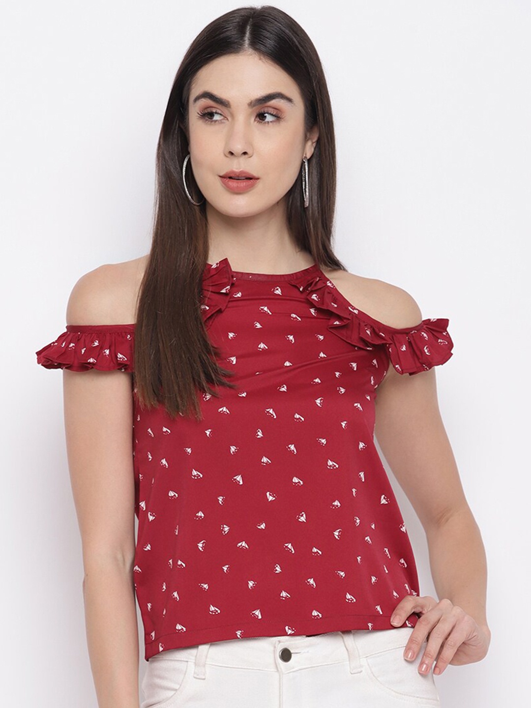

Lagashi Red & White Print Ruffles Crepe Top