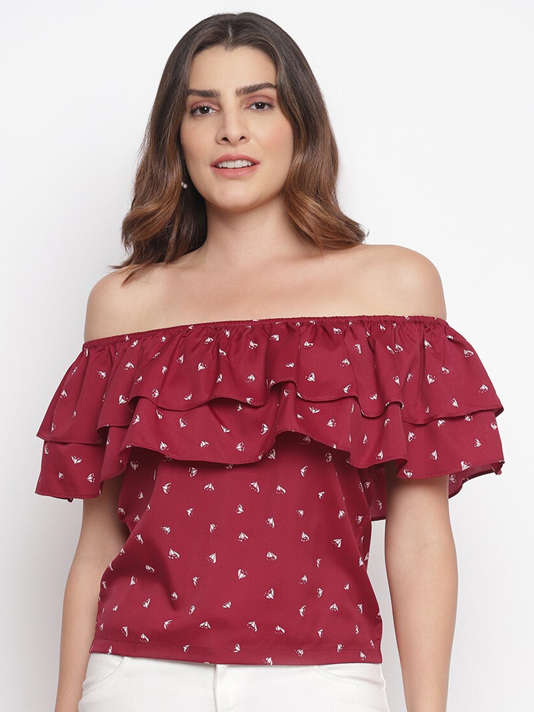 

Lagashi Red Floral Print Off-Shoulder Crepe Bardot Top