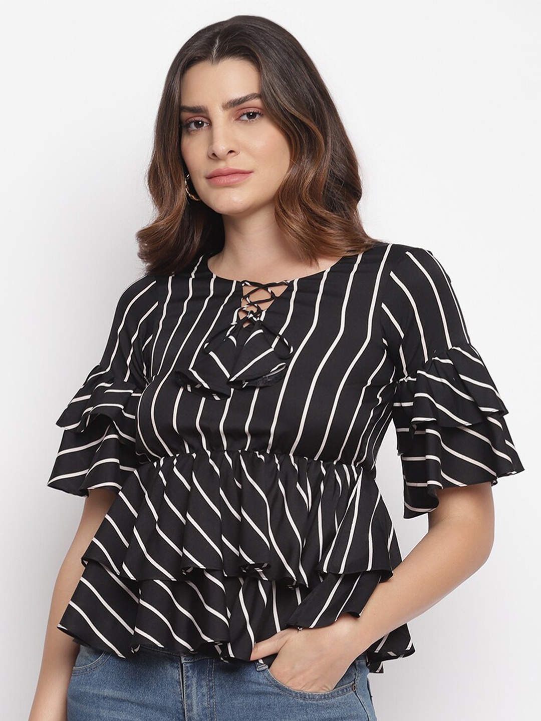 

Lagashi Black Striped Crepe Empire Top