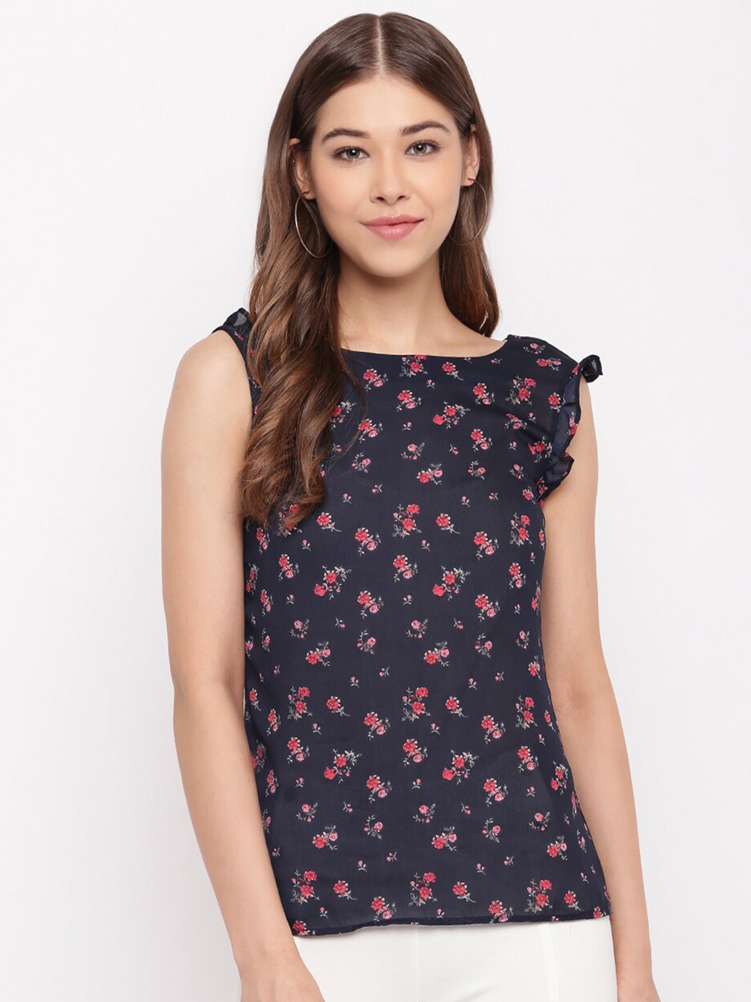 

Lagashi Women Navy Blue Floral Printed Ruffles Crepe Top