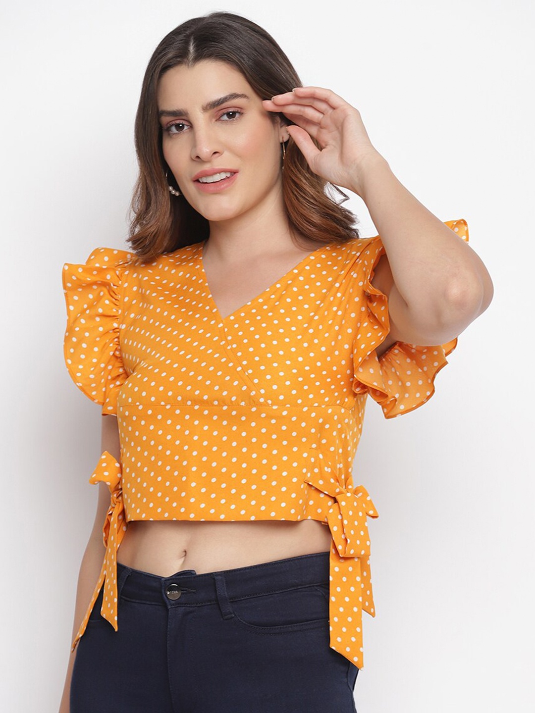 

Lagashi Yellow Print Cotton Wrap Crop Top