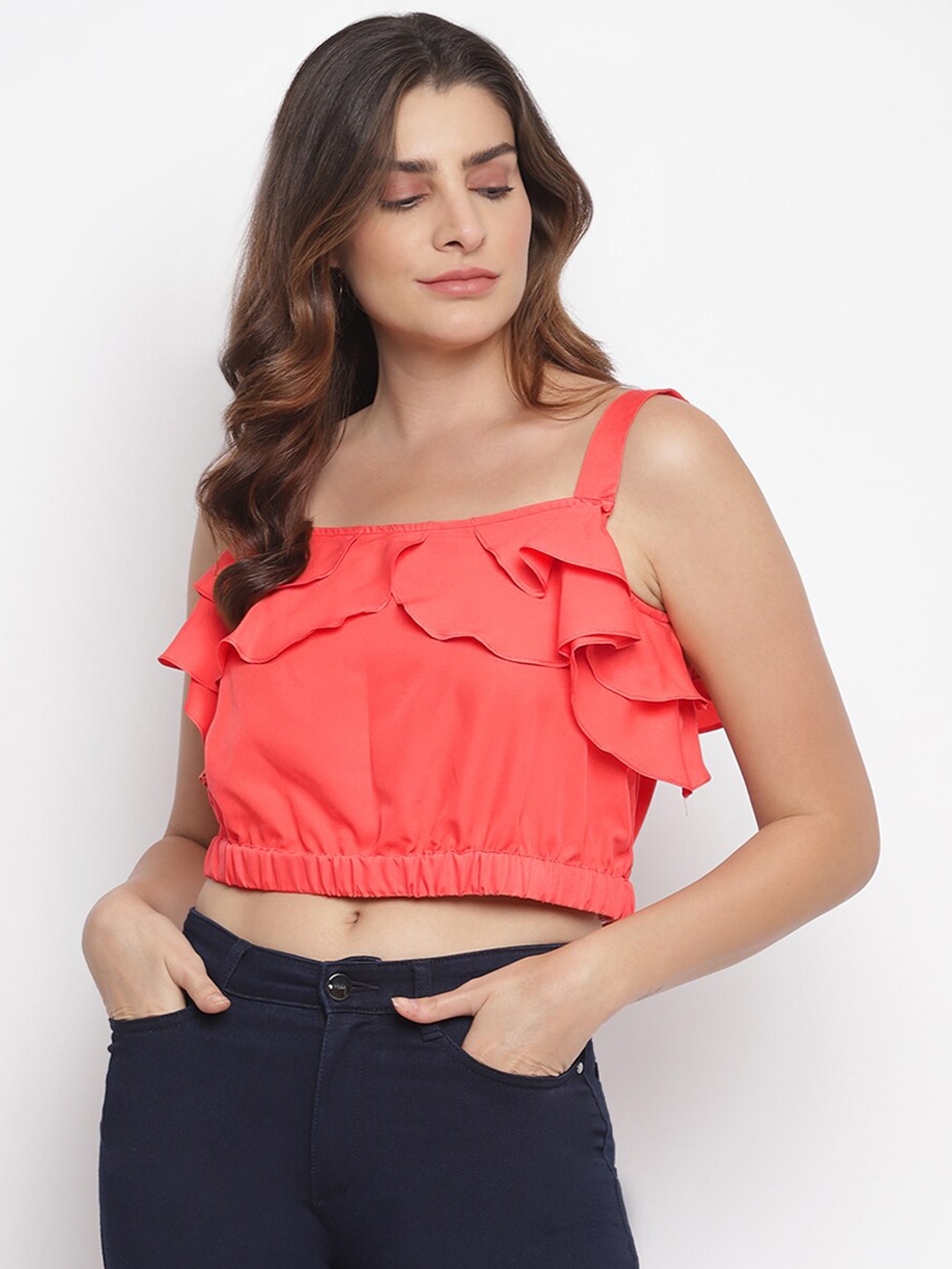 

Lagashi Peach-Coloured Ruffles Crepe Blouson Crop Top