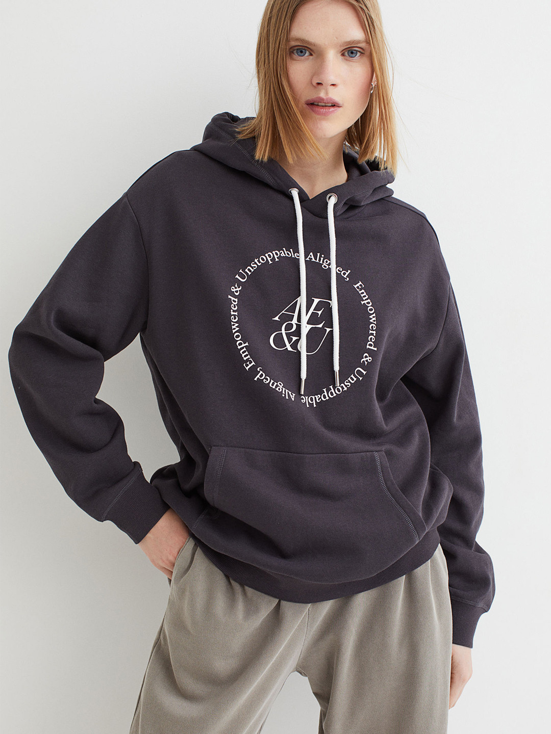 

H&M Women Grey & White Printed Hoodie