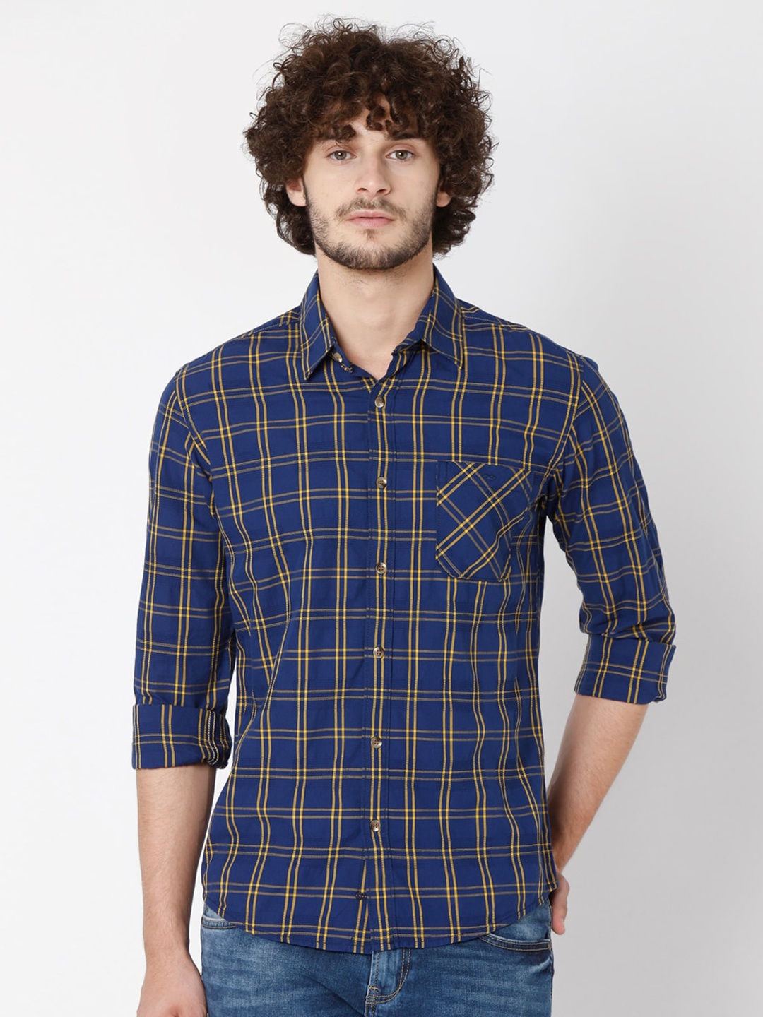 

Mufti Men Navy Blue Slim Fit Checked Cotton Casual Shirt