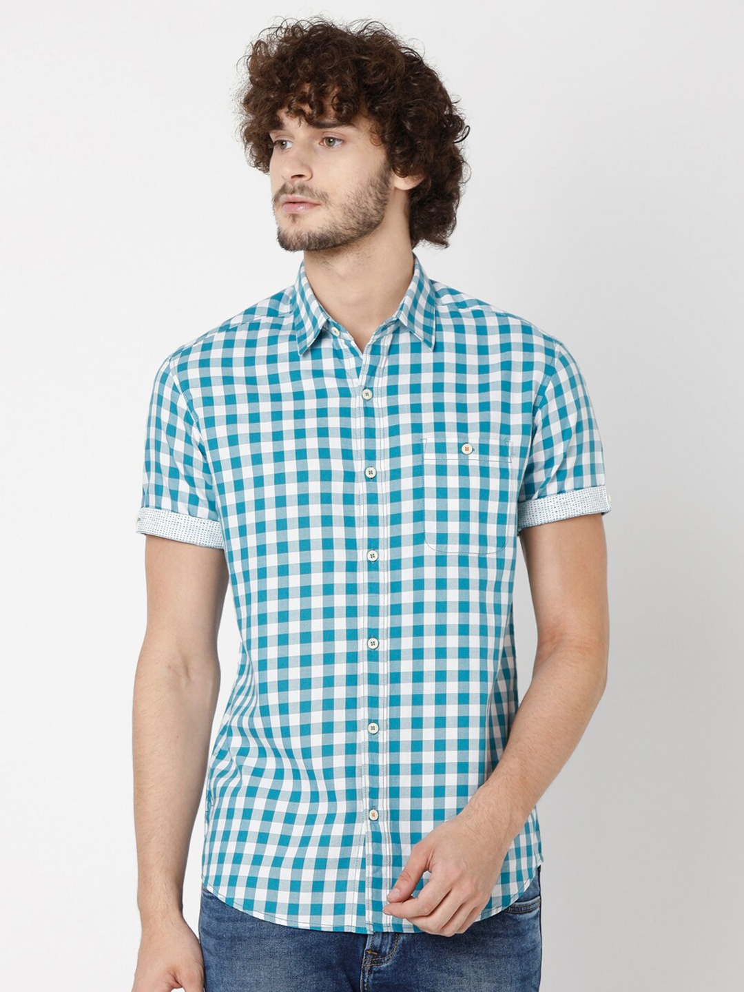 

Mufti Men Teal Slim Fit Gingham Checks Checked Cotton Casual Shirt