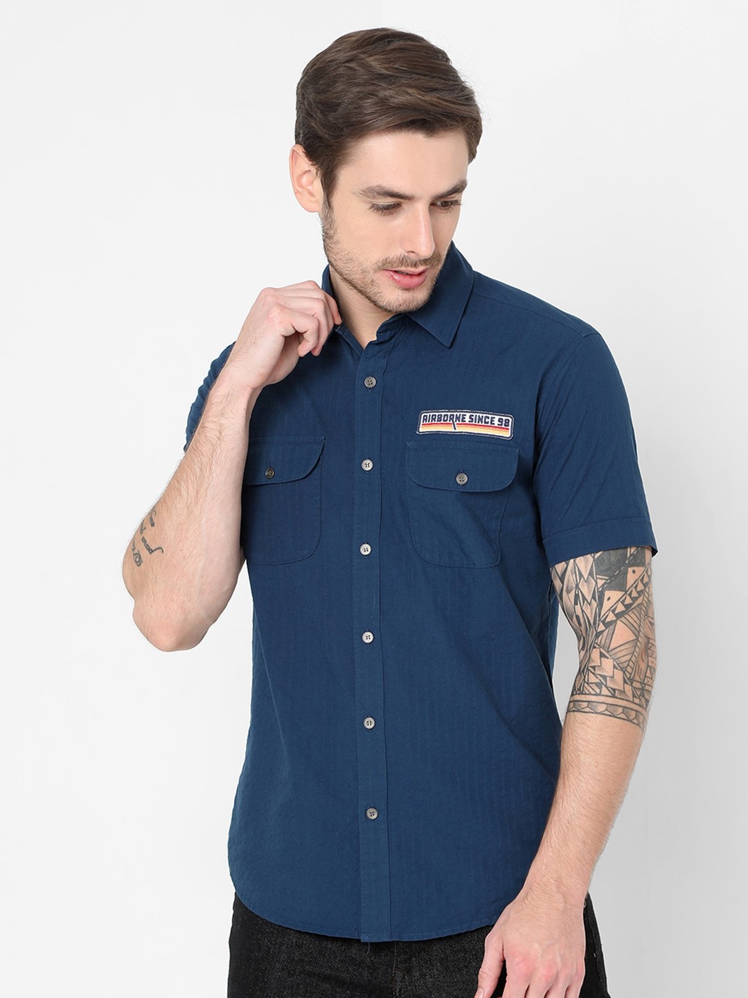 

Mufti Men Navy Blue Slim Fit Cotton Casual Shirt