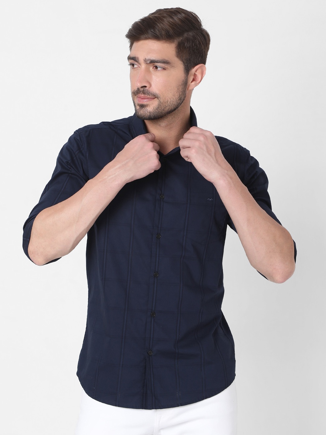 

Mufti Men Navy Blue Slim Fit Checked Casual Shirt