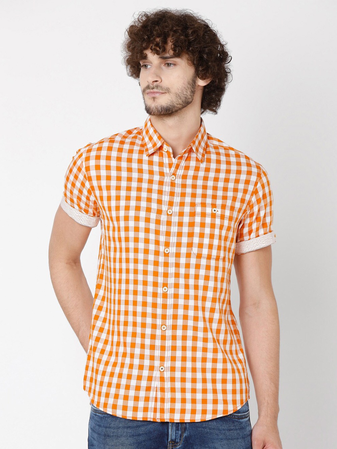 

Mufti Men Orange Slim Fit Gingham Checks Checked Cotton Casual Shirt