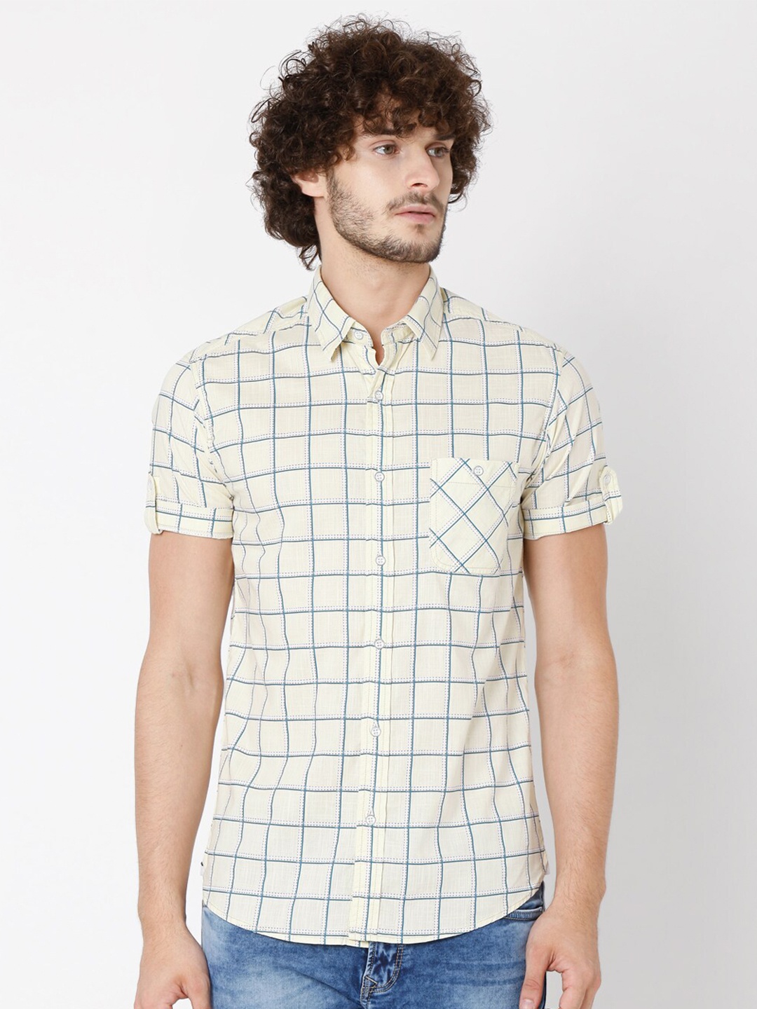 

Mufti Men Beige Slim Fit Windowpane Checks Checked Casual Shirt
