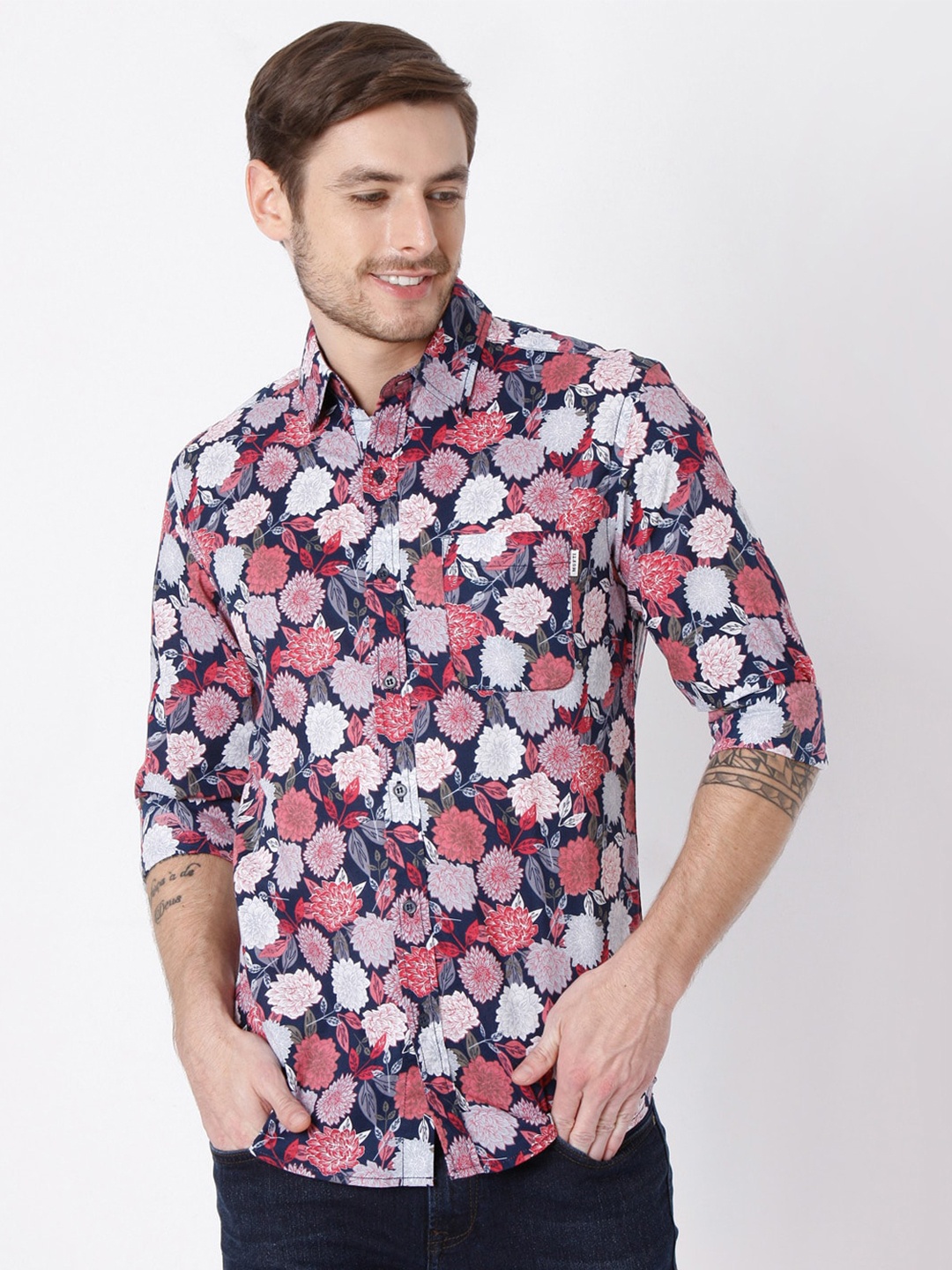 

Mufti Men Navy Blue Slim Fit Floral Printed Cotton Casual Shirt