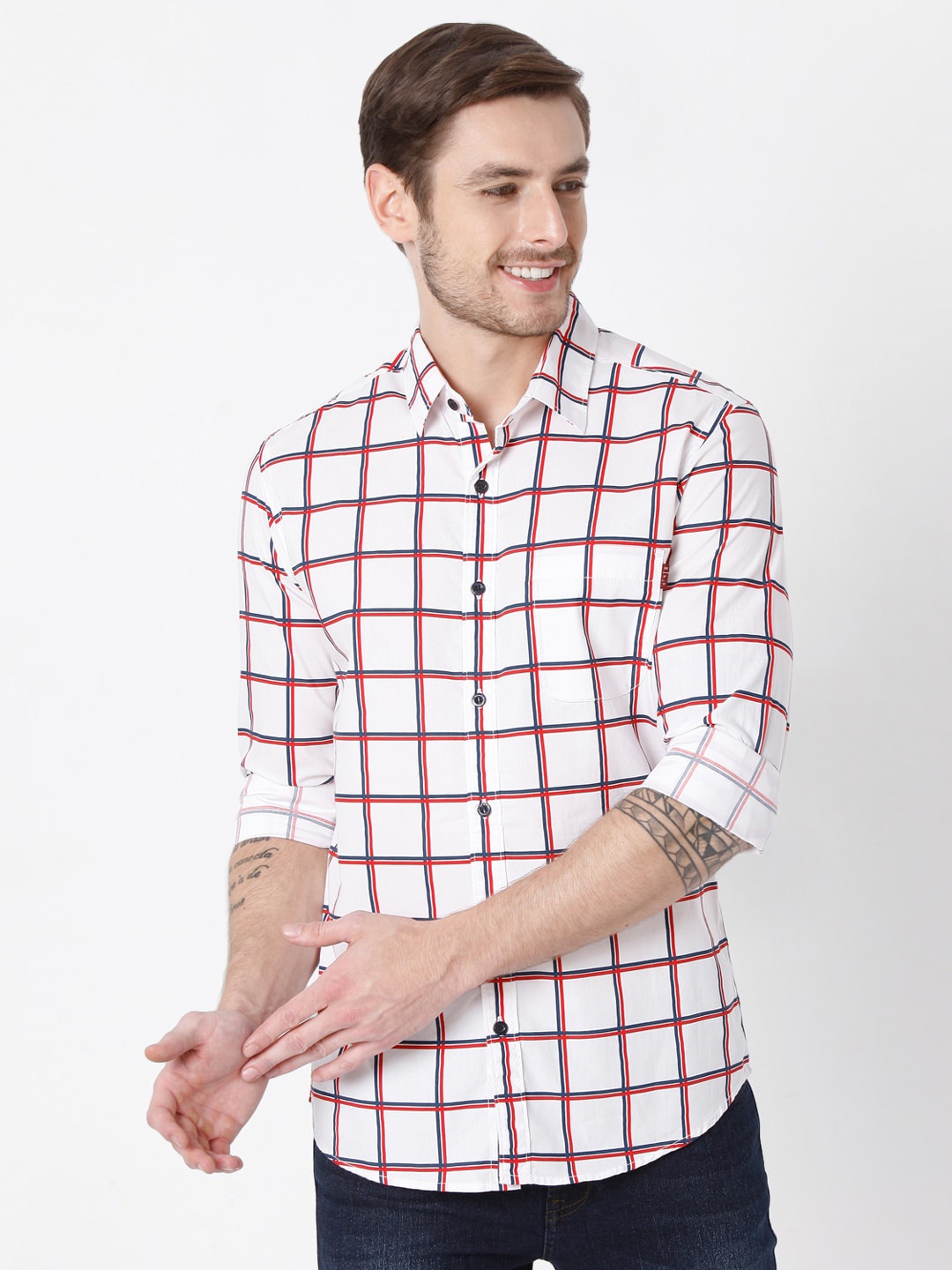 

Mufti Men White Slim Fit Checked Cotton Casual Shirt