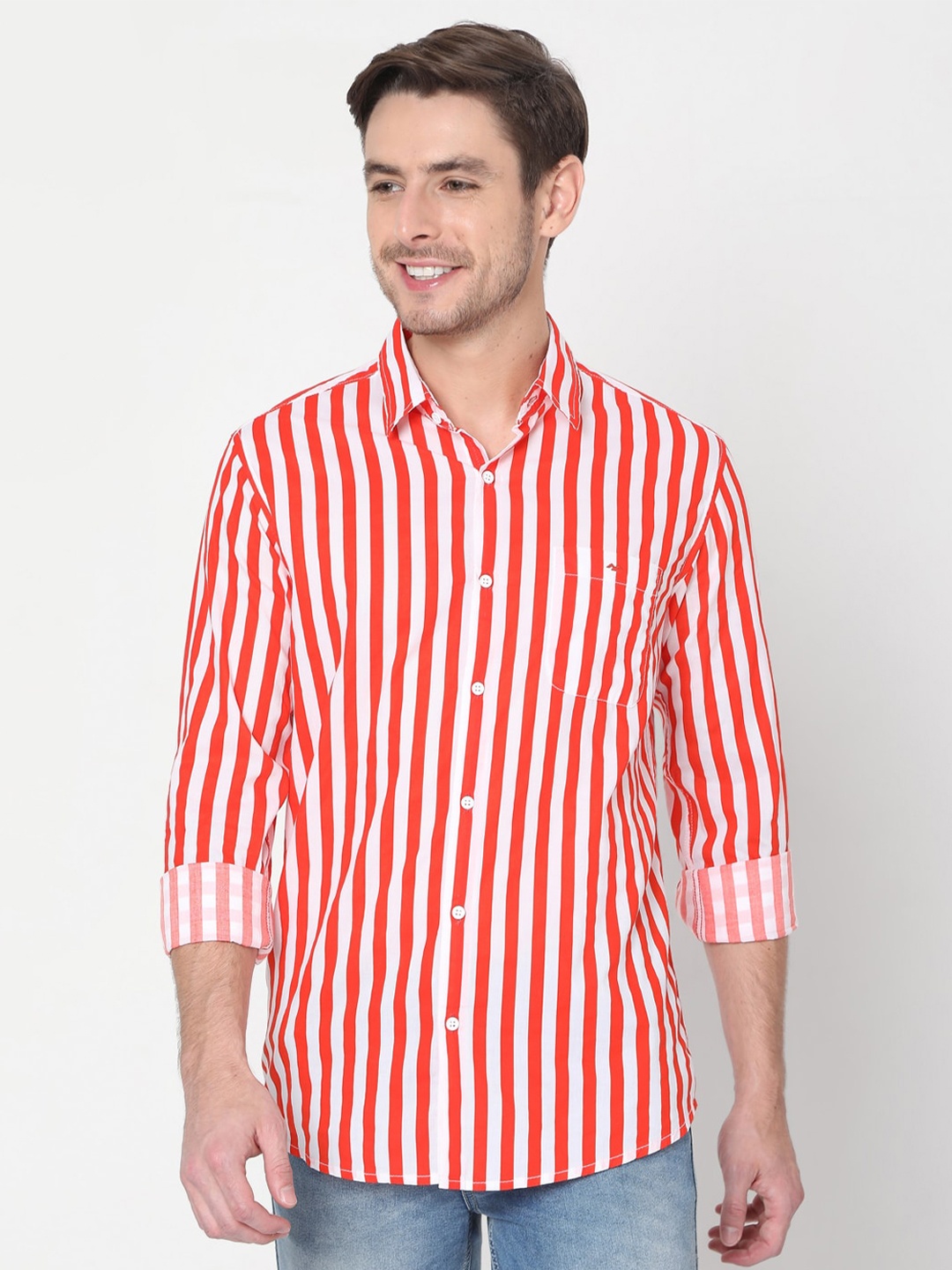 

Mufti Men White & Orange Slim Fit Striped Casual Shirt